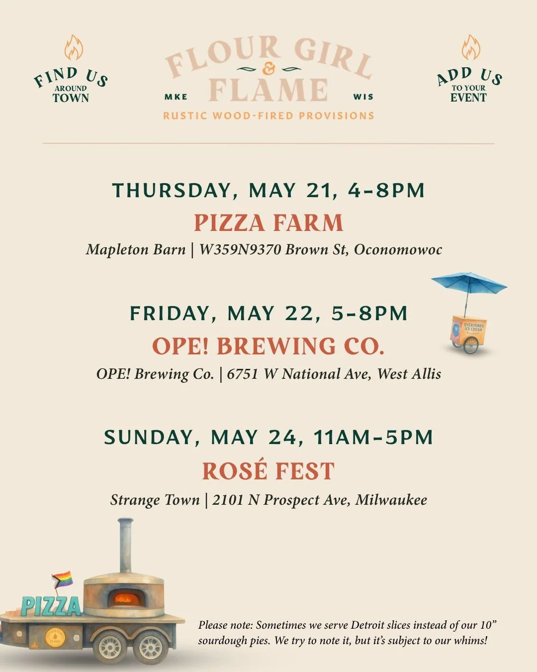 This week is stacked with some goodies! 🍕🌱✌🏼🌾❤️&zwj;🔥

We&rsquo;re bringing the oven to Pizza Farm at @mapletonbarn (grab your reservations), rolling through @opebrewingco, and then ending the week with Ros&eacute; Fest at @strangetownmke, which
