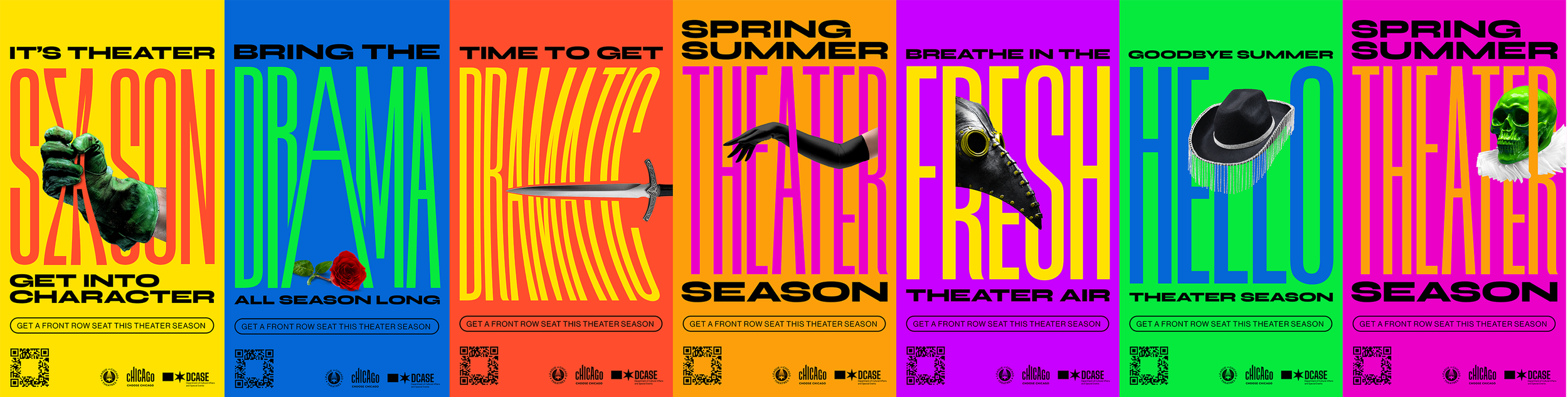 Colorful theater posters with bold text announcing the upcoming season for a theater, featuring themes like horror character, all season long, spring summer, theater air, hello summer, and fall winter. Each poster includes QR codes, logos, and a yellow banner with a call to action.