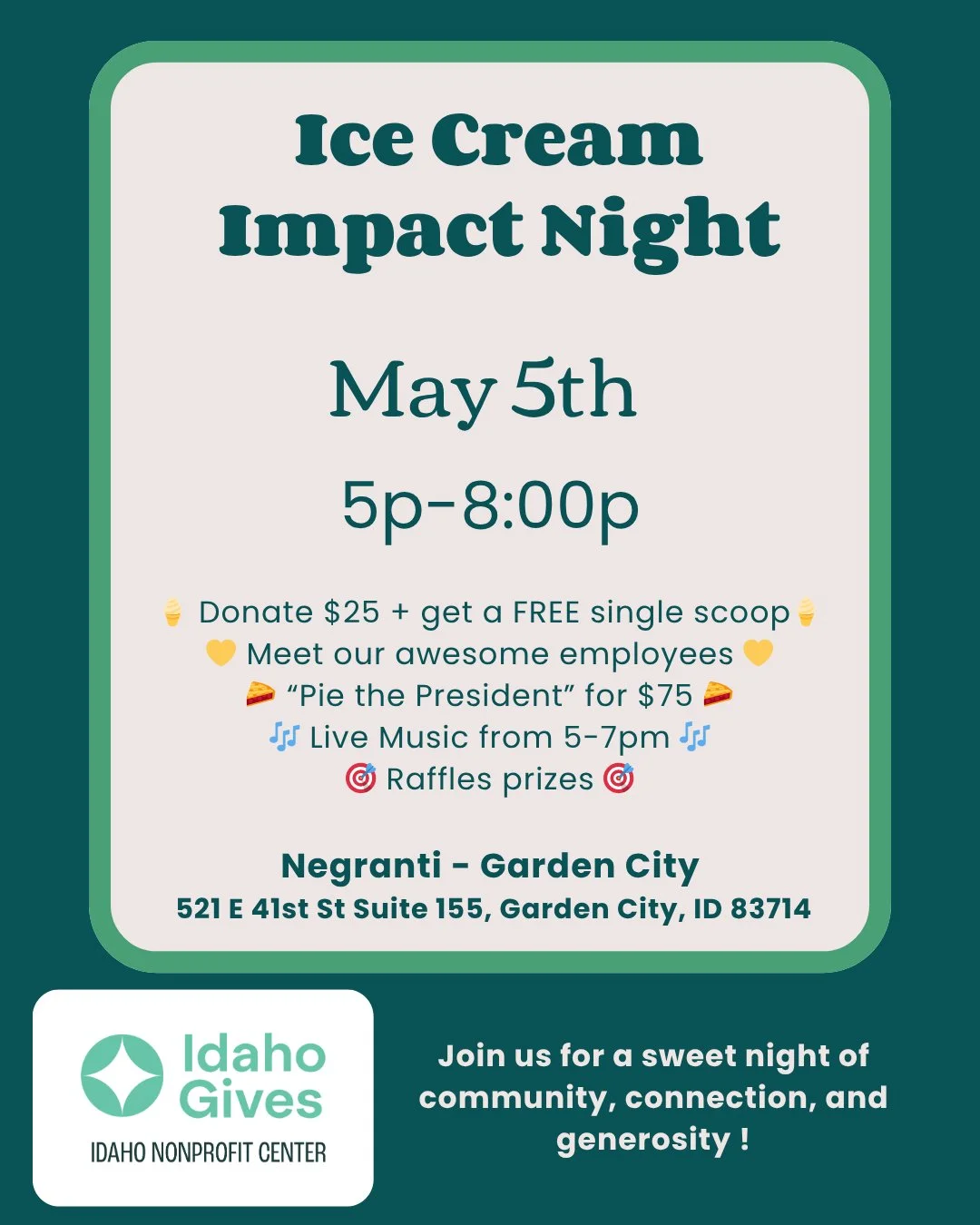 SAVE THE DATE! 🎉⁠
Get ready to get up and give for Idaho Gives on May 4&ndash;7, 2026!!⁠
This year, we&rsquo;re doing something new!!⁠
⁠
Ice Cream Impact Night : An Idaho Gives Celebration 🍦💛⁠
⁠
Join us for a sweet night of community, connection, 