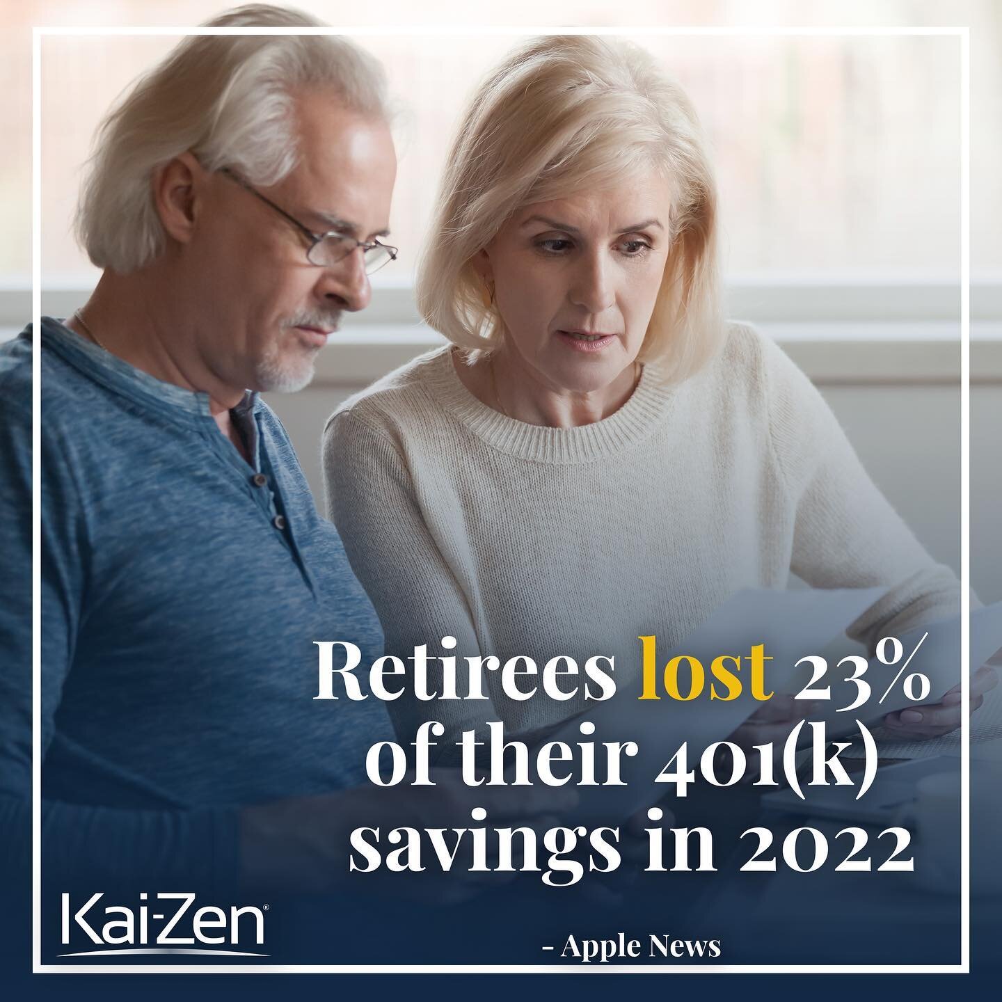 &quot;Retirees lost 23% of their 401k savings in 2022.&quot;

- Apple News

But with Kai-Zen, there's hope for recouping your losses. Our investment strategy has the potential to increase your returns by up to three times more. Don't let market downt