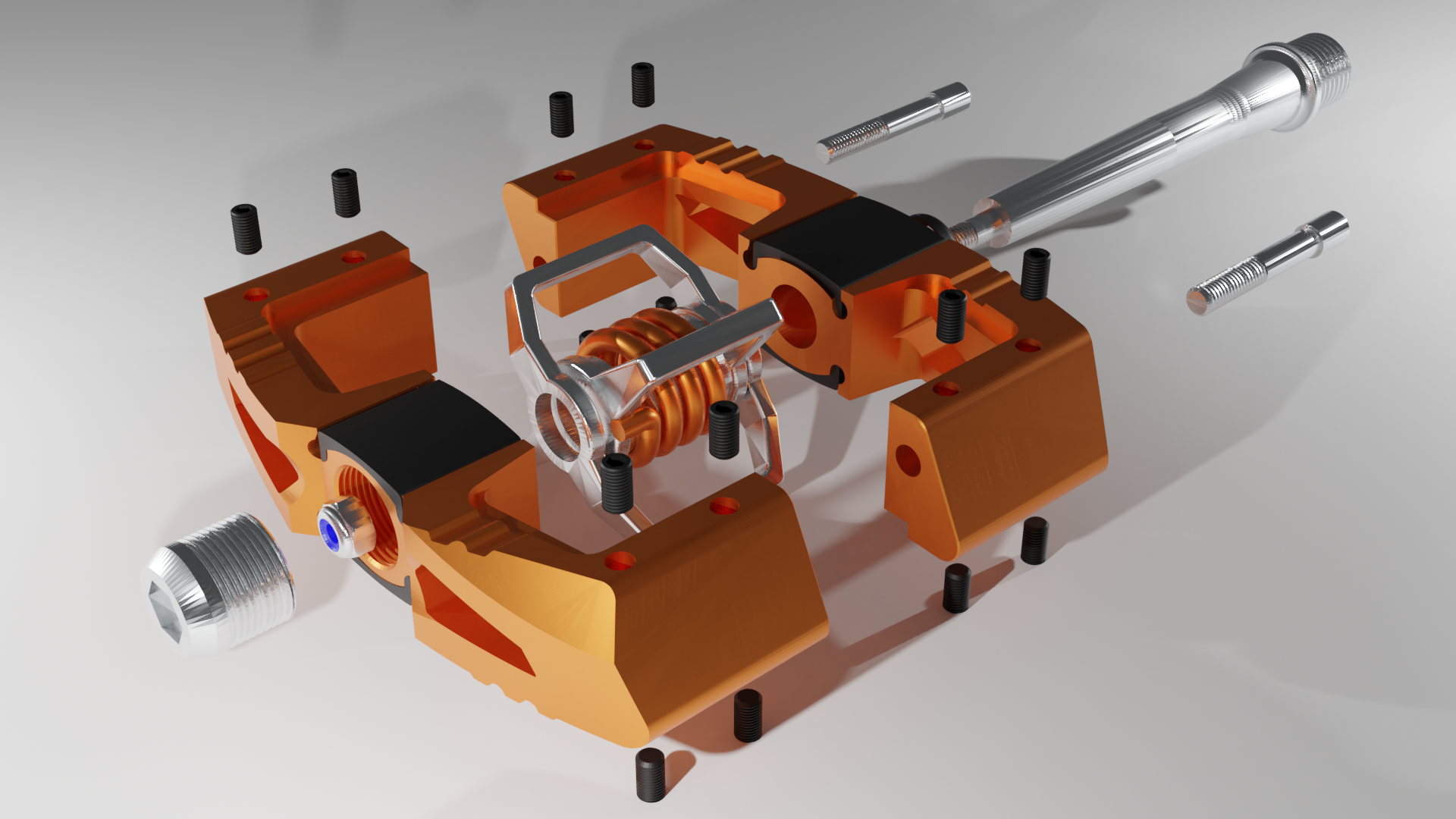 Exploded view of a mechanical assembly with orange and metallic parts, including a copper coil, black and silver screws, and cylindrical components on a light gray background.