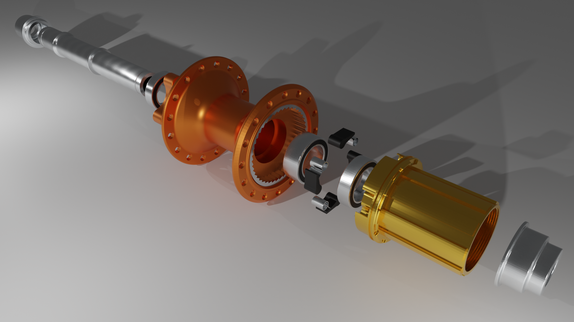Exploded view of a机械部件 with metallic and gold-colored components on a light surface.