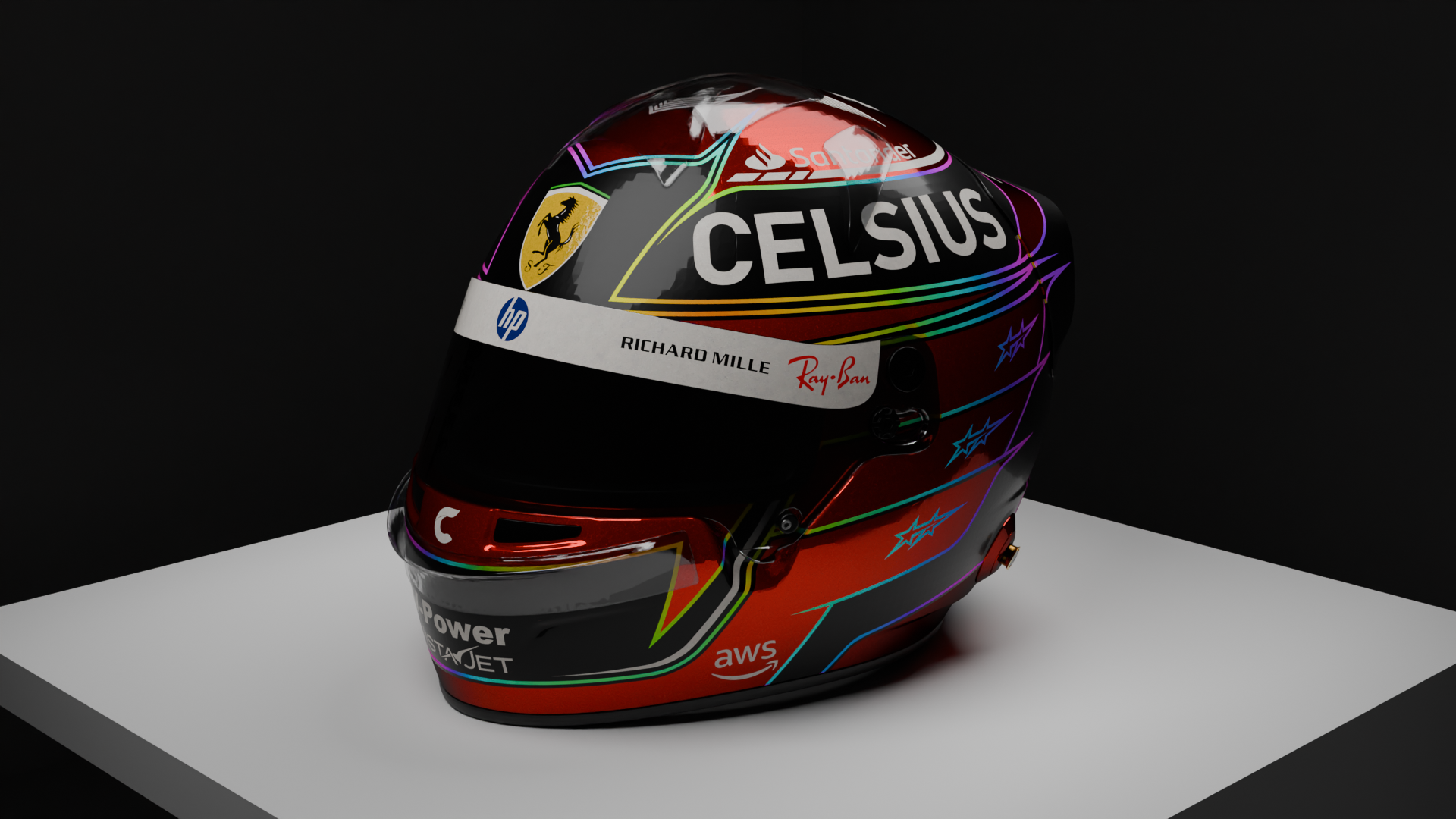A racing helmet decorated with sponsorship logos, including Ferrari, HP, Richard Mille, Ray-Ban, aws, and the name Celsius, placed on a white platform against a dark background.