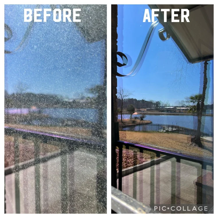 Before and after window cleaning showing streak-free glass with a lake view