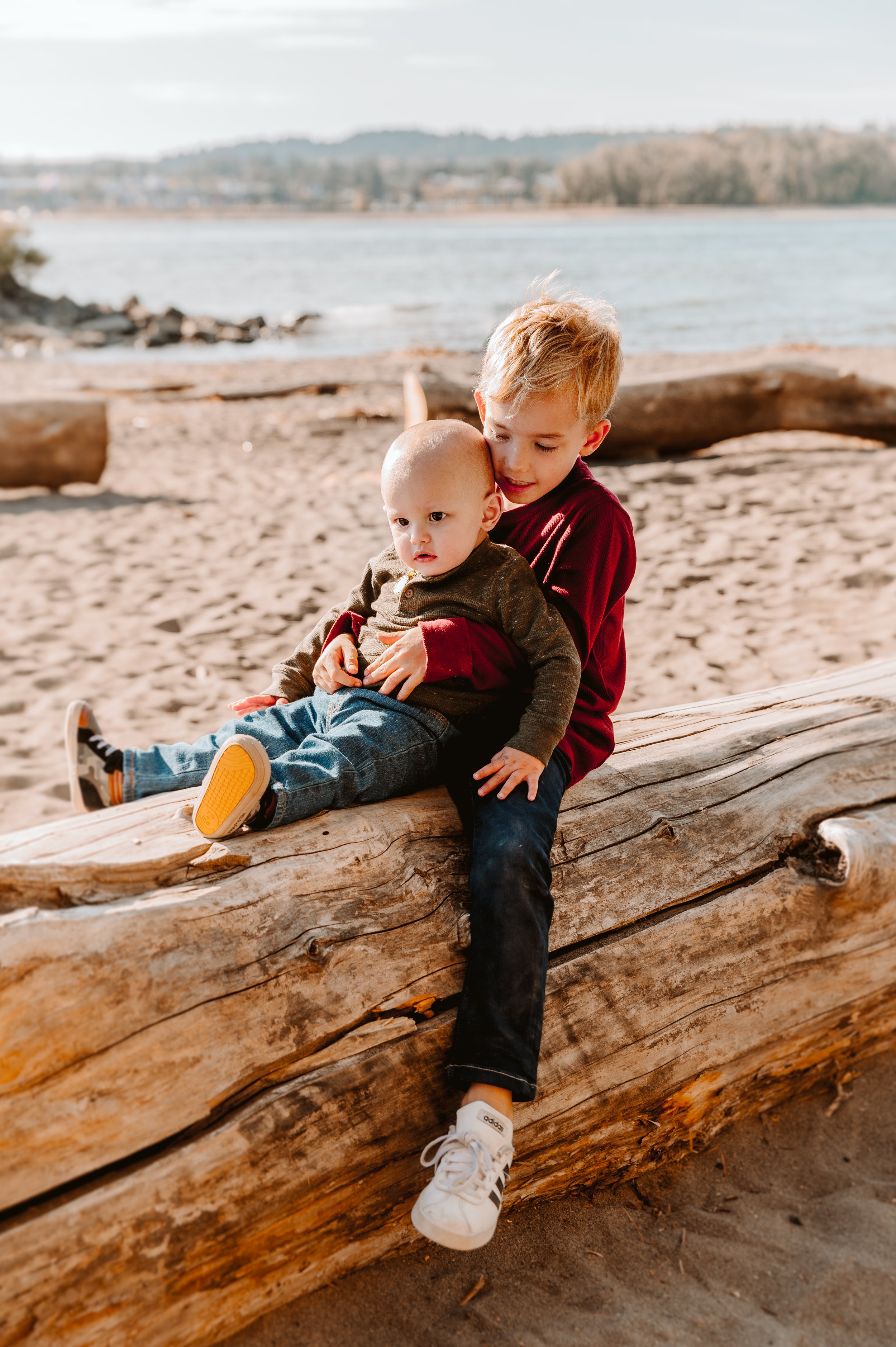 Two young boys sit on a large driftwood log on a sandy beach near a body of water, with a background of trees and hills.
