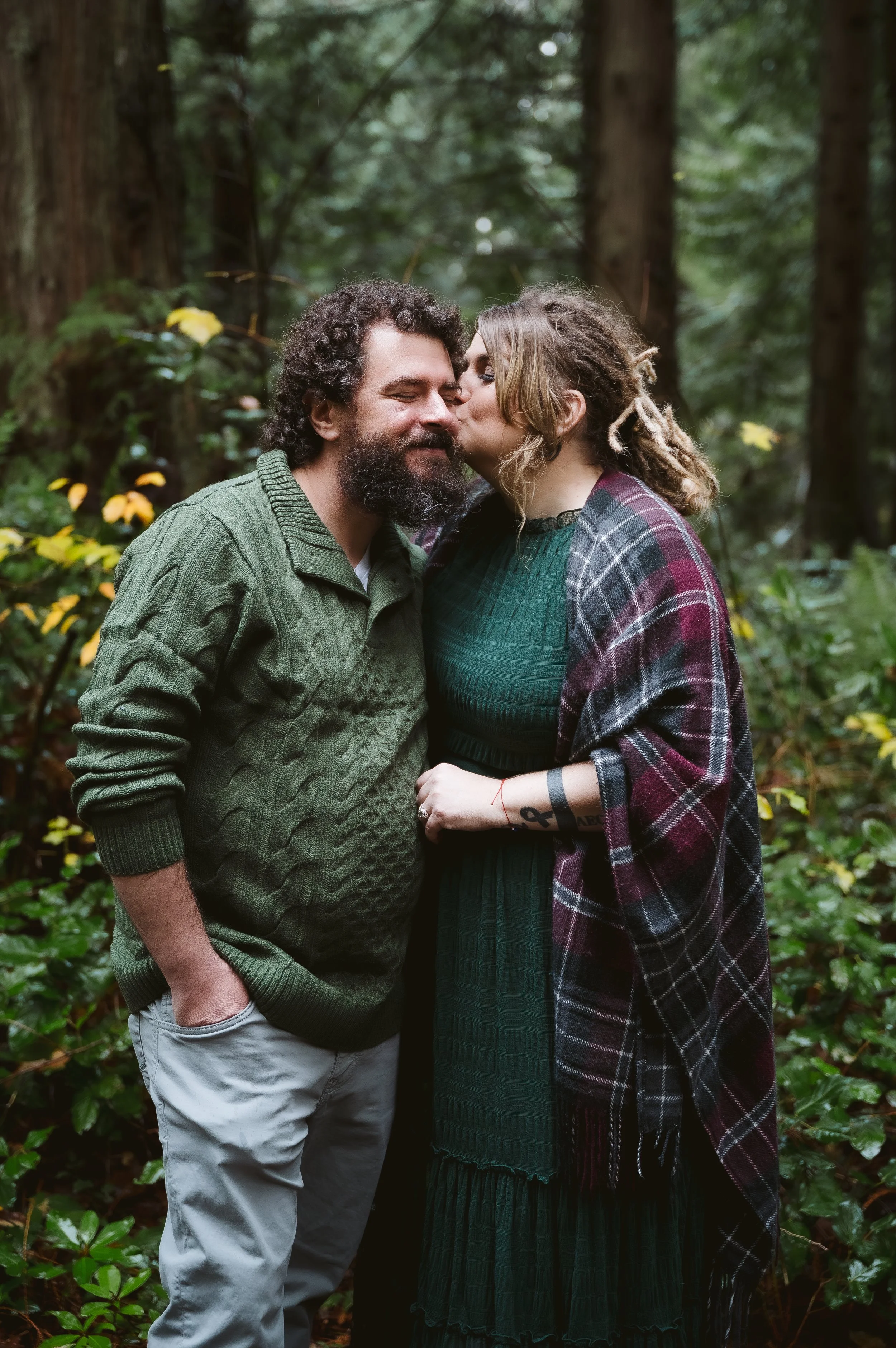 Romantic couples portrait photographed outdoors in Vancouver Washington with natural light and forest scenery.
