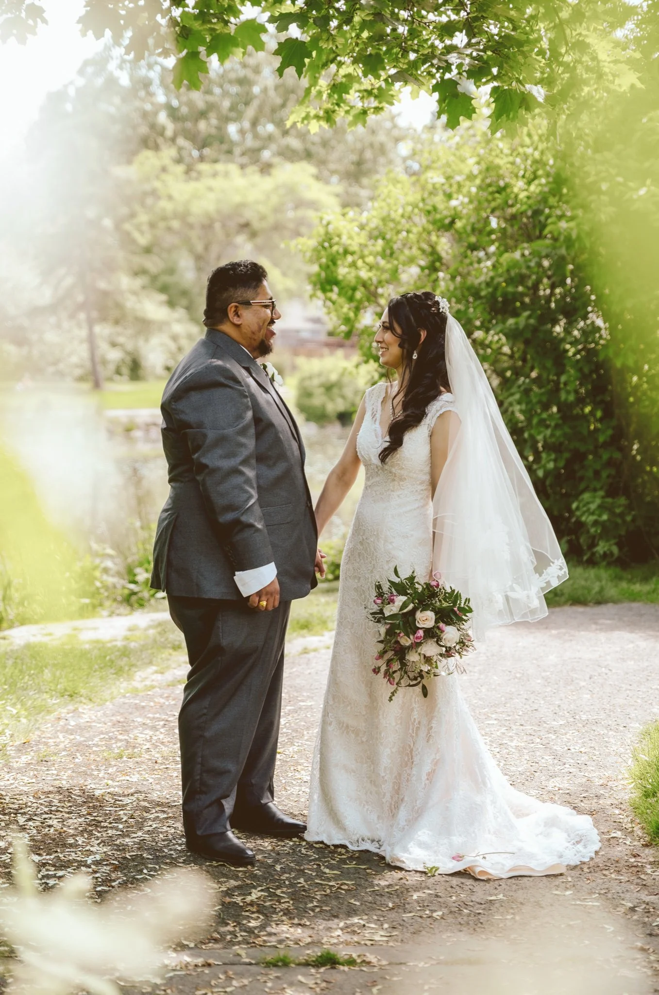 Bride and groom sharing a quiet moment during an intimate outdoor wedding in The Dalles, Oregon.