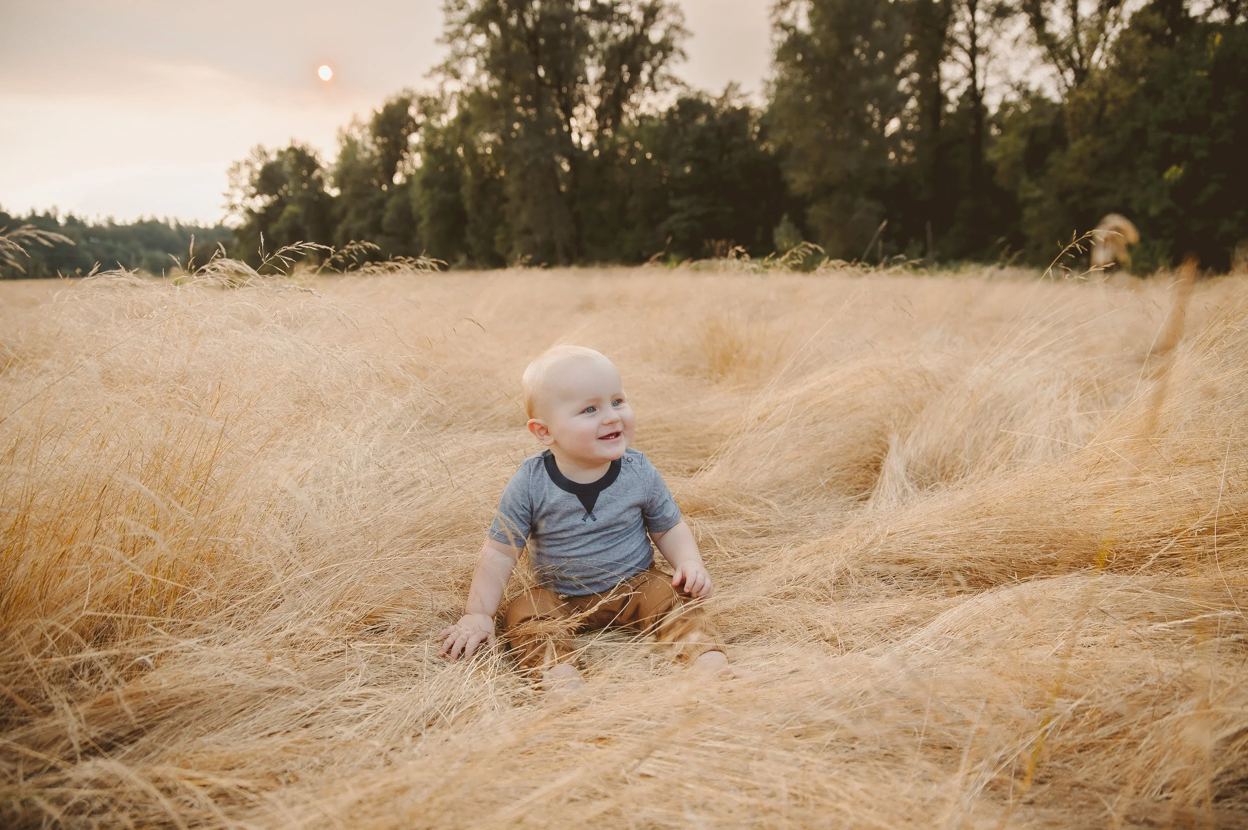 Baby sitting in a warm golden summer field during a sunset family photography session in Vancouver Washington