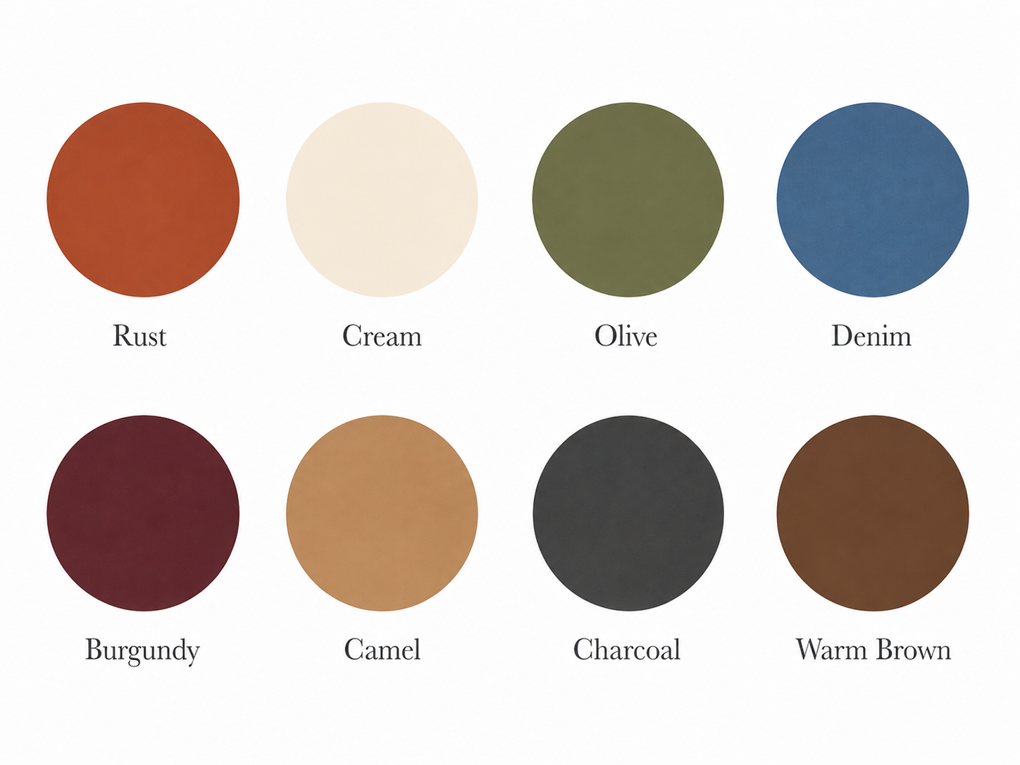 Fall family photo color palette with rust, cream, olive, denim, burgundy, camel, charcoal, and warm brown