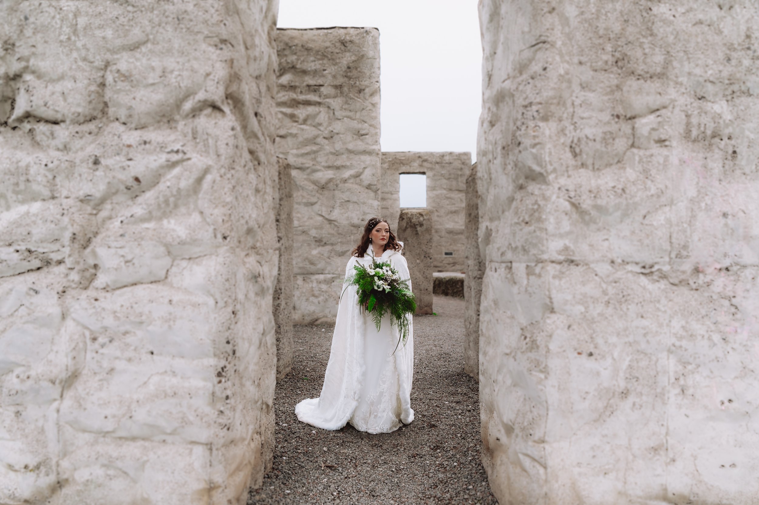 bride wearing white faux fur winter coat over wedding dress during cold weather oregon elopement