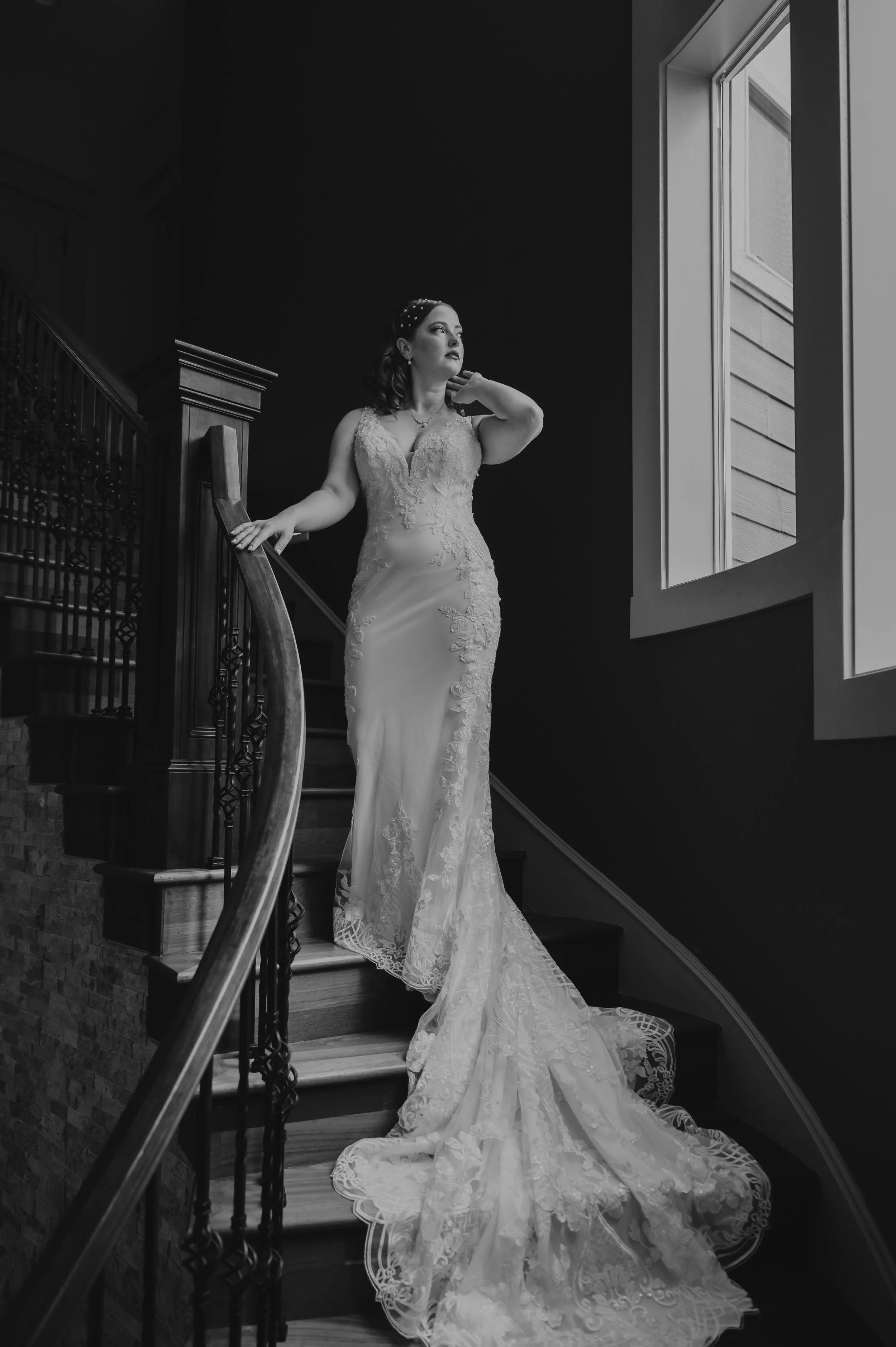 Bride portrait on staircase during intimate wedding in Vancouver Washington