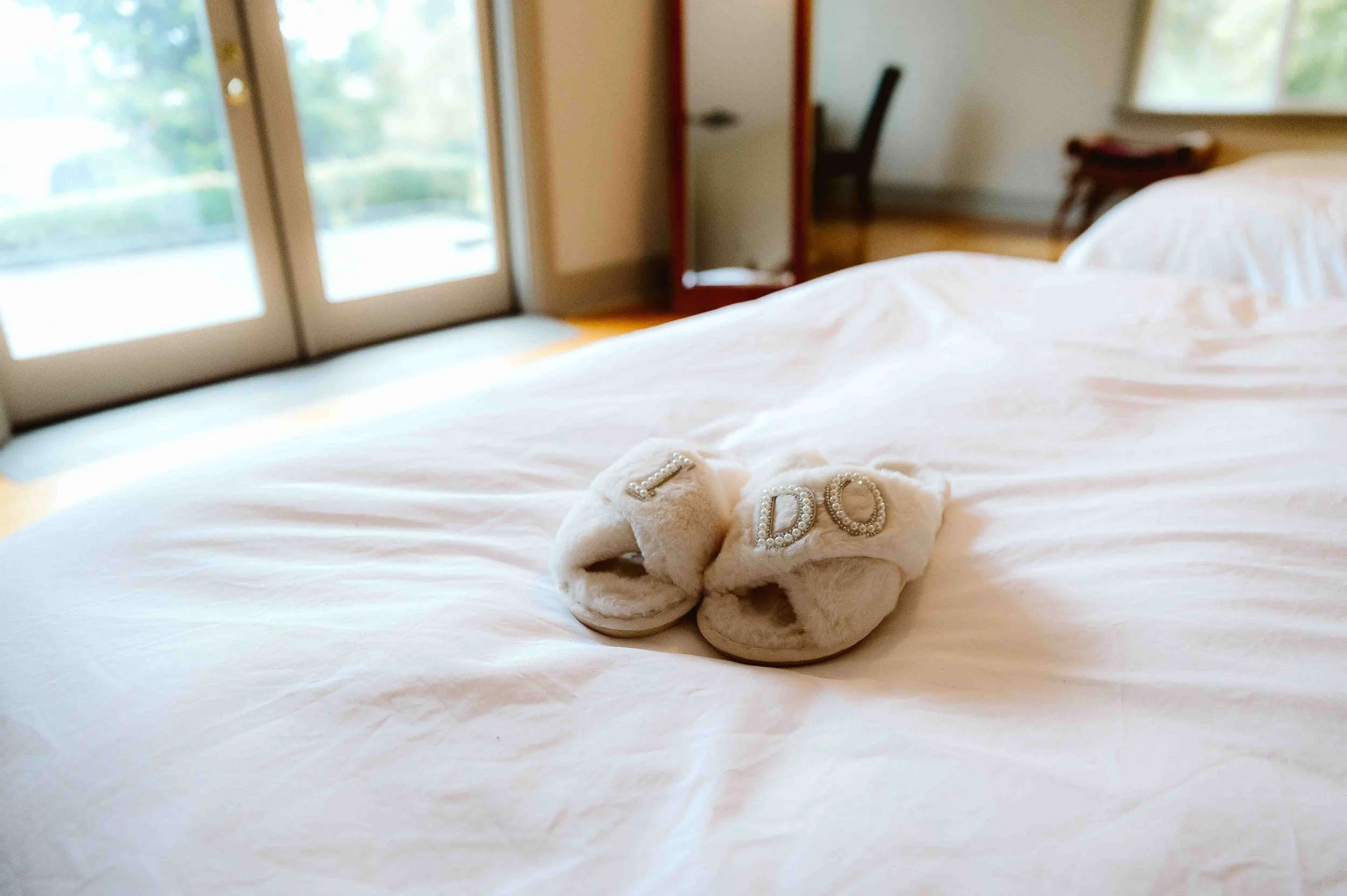 Bridal slippers detail during getting ready at intimate wedding in Vancouver Washington