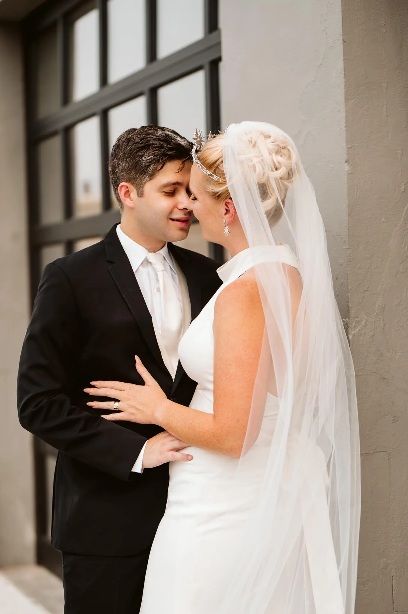 Bride and groom sharing a romantic portrait during a wedding in The Dalles, Oregon near the Columbia River Gorge.