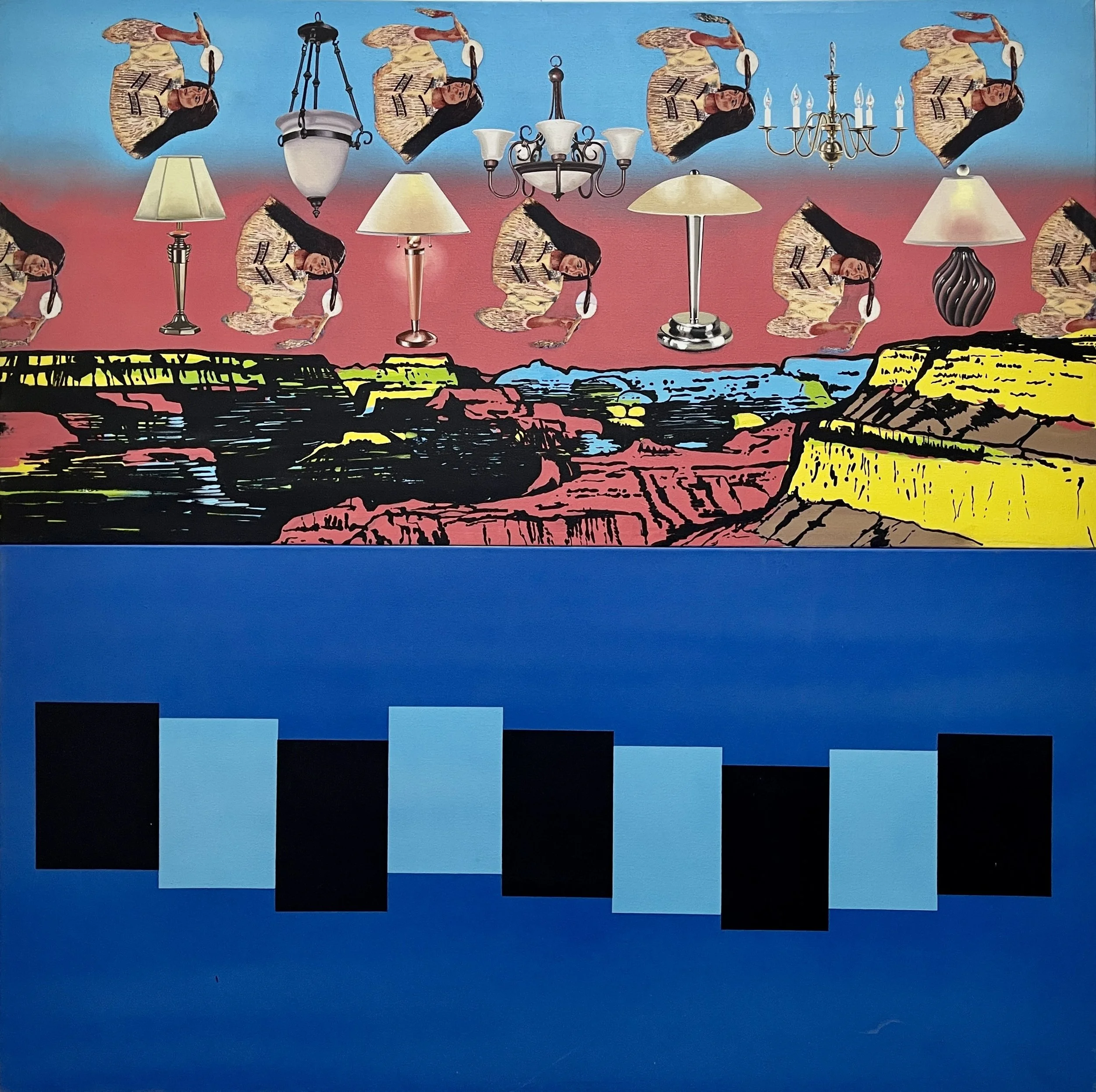 SUNDOWNER, 2000 Acrylic on canvas and printed fabric. 48 x 48"