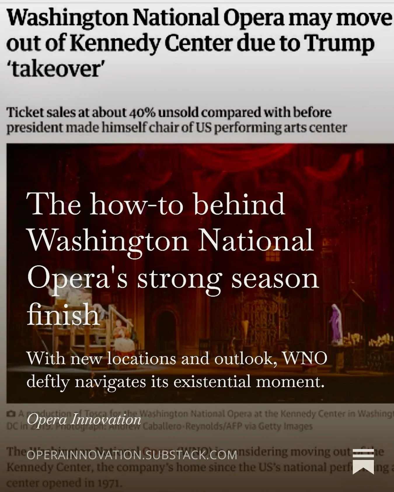 OI Insights: Washington National Opera just pulled off a masterclass in resilience. After The Kennedy Center&rsquo;s leadership shift rattled donor confidence, ticket sales, and audience trust, WNO made the bold call to leave earlier this year&mdash;