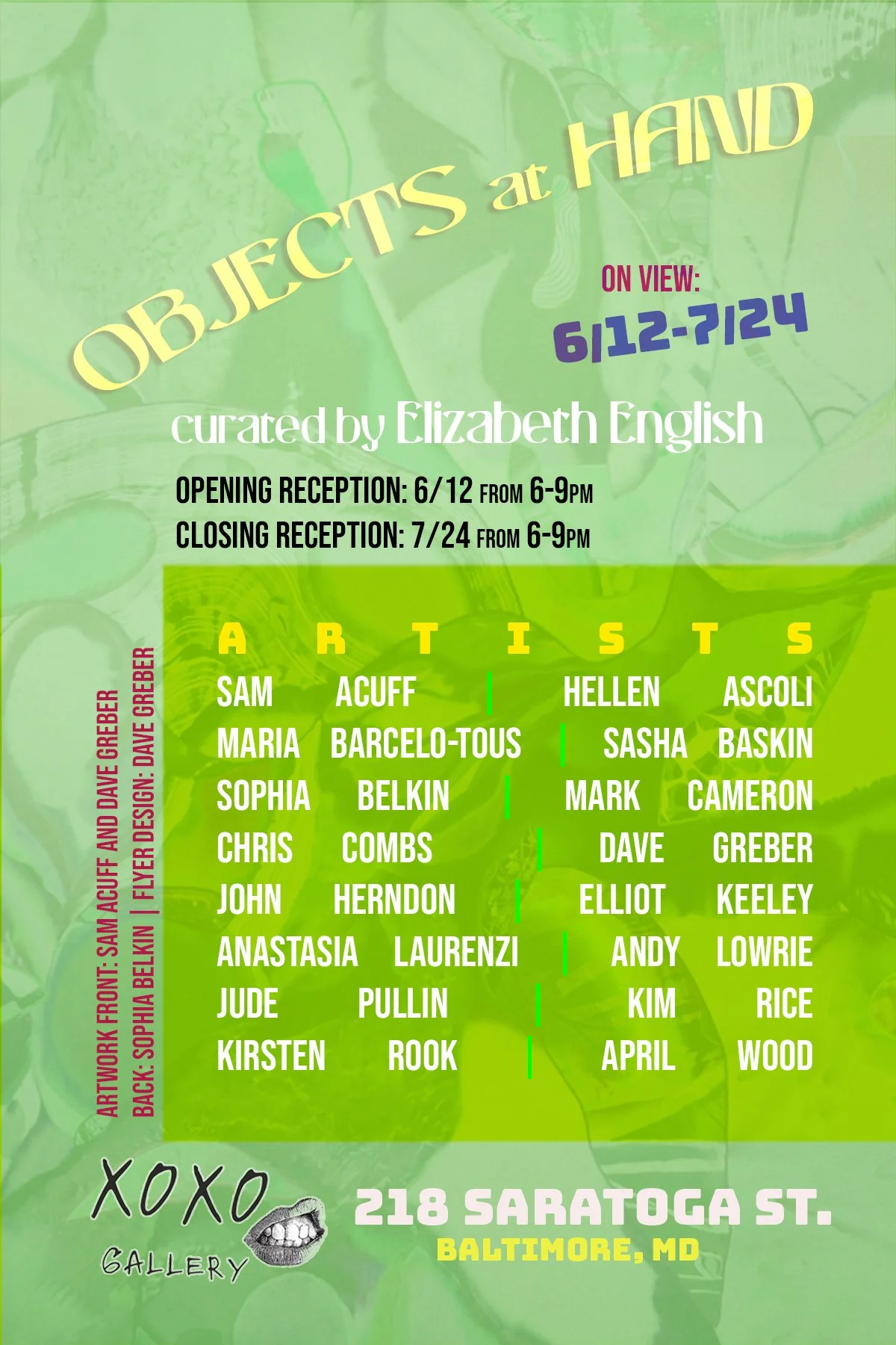 Artist list for Objects at Hand, a group exhibition curated by Elizabeth English at XOXO Gallery, Baltimore, June 12–July 24, 2026.