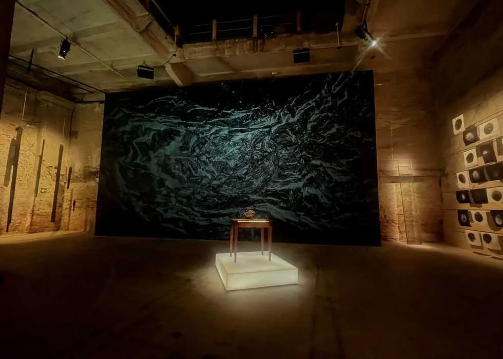 Lava sequence from Two Moons, Dawn DeDeaux's video projection edited by Dave Greber, with Meteor Study Desk, Arsenale, 61st Venice Biennale.