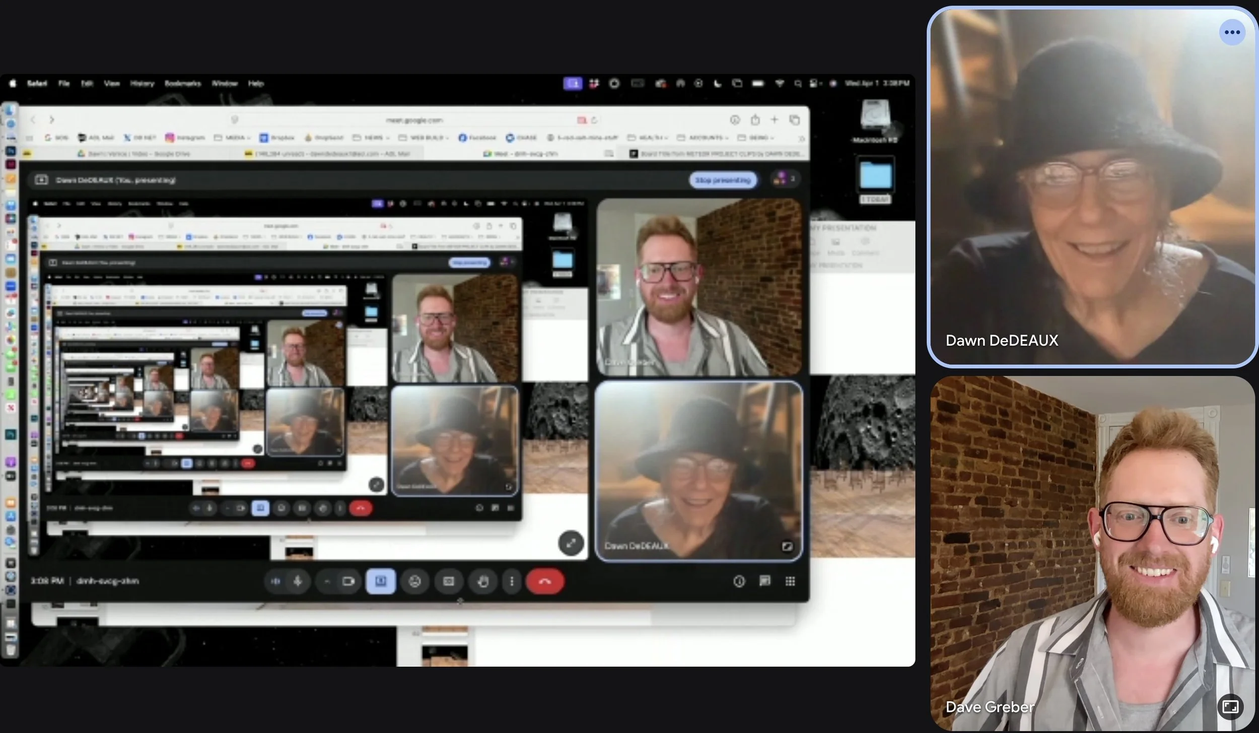 Dave Greber and Dawn DeDeaux in a remote editing session for Two Moons, spring 2026, with project files and moon footage visible in a recursive screen share.