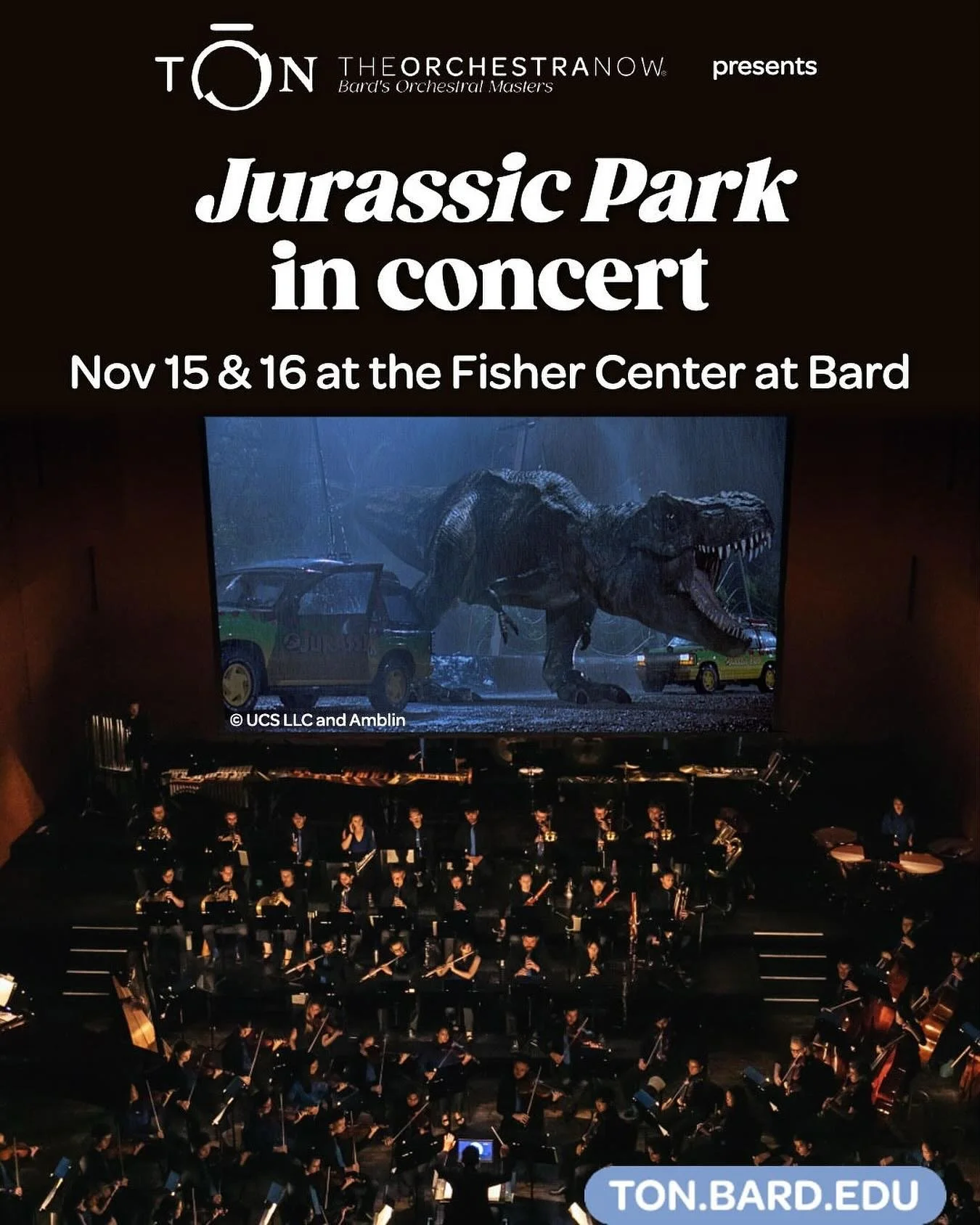 This weekend! Experience Jurassic Park in Concert🦖🦕✨

When: Sat, Nov 15 at 7pm &amp; Sun Nov 16 at 2pm
Where: @fishercenterbard 

The action-packed adventure pits man against prehistoric predators in the ultimate battle for survival. Featuring visu
