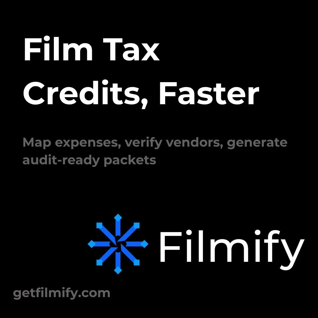 Are you a NYS filmmaker? 🗽✨

Filmify helps productions get their tax credits back faster by streamlining compliance, documentation, and audit preparation.
Purpose-built software for the NYS film tax credit &mdash; turn qualified spending into refund