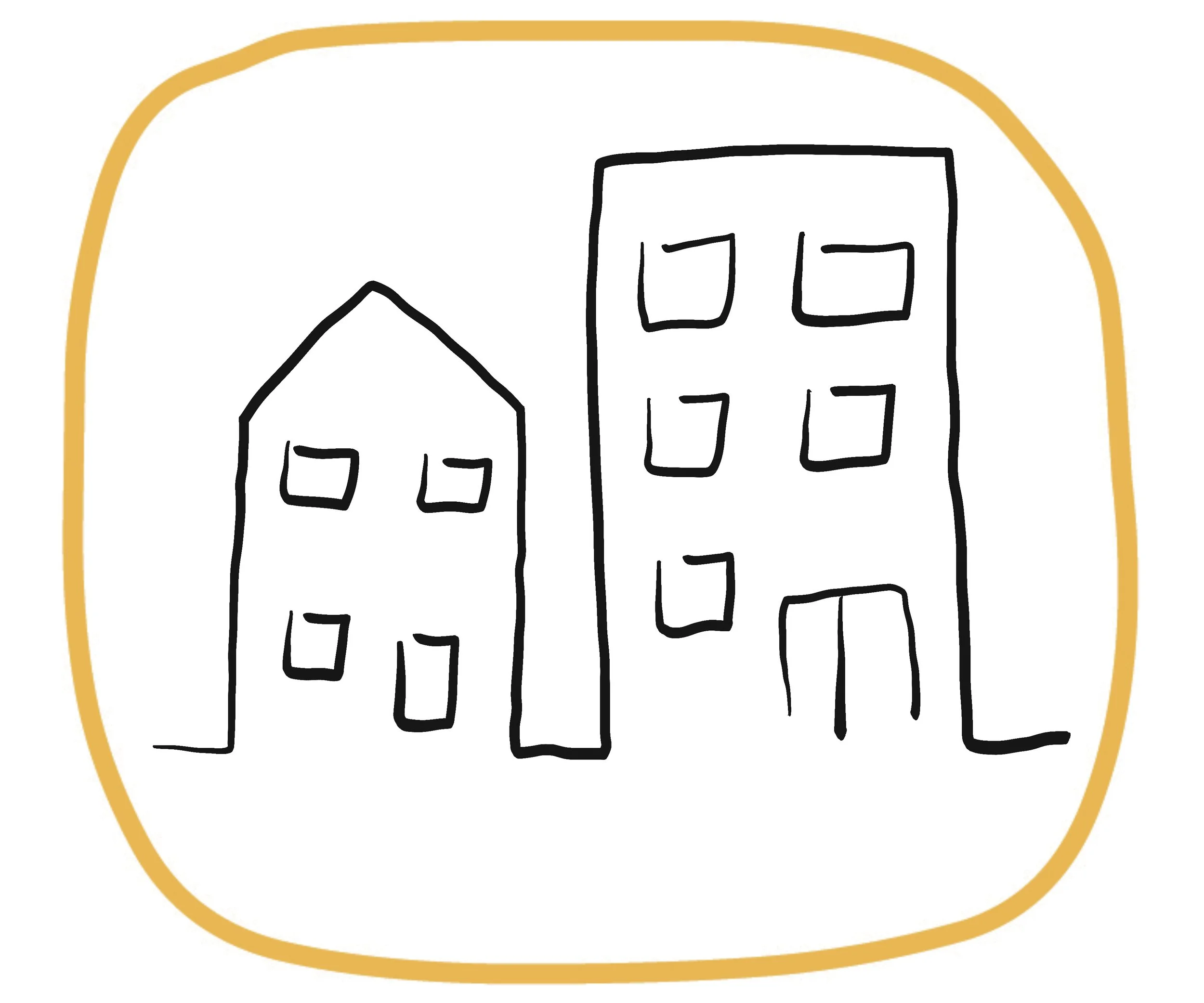 Hand drawn illustration of two buildings