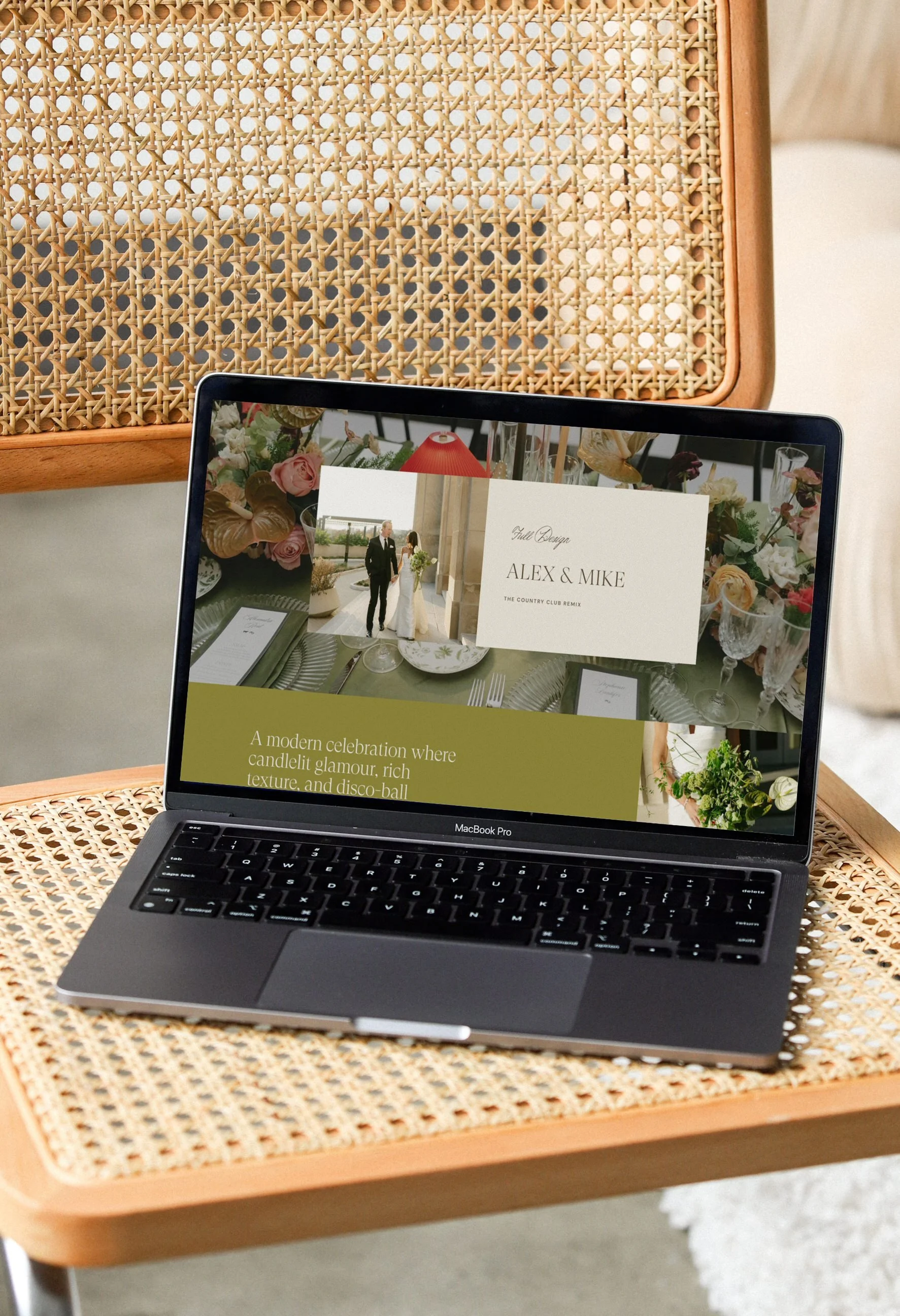high end wedding planner website with laptop sitting on chair