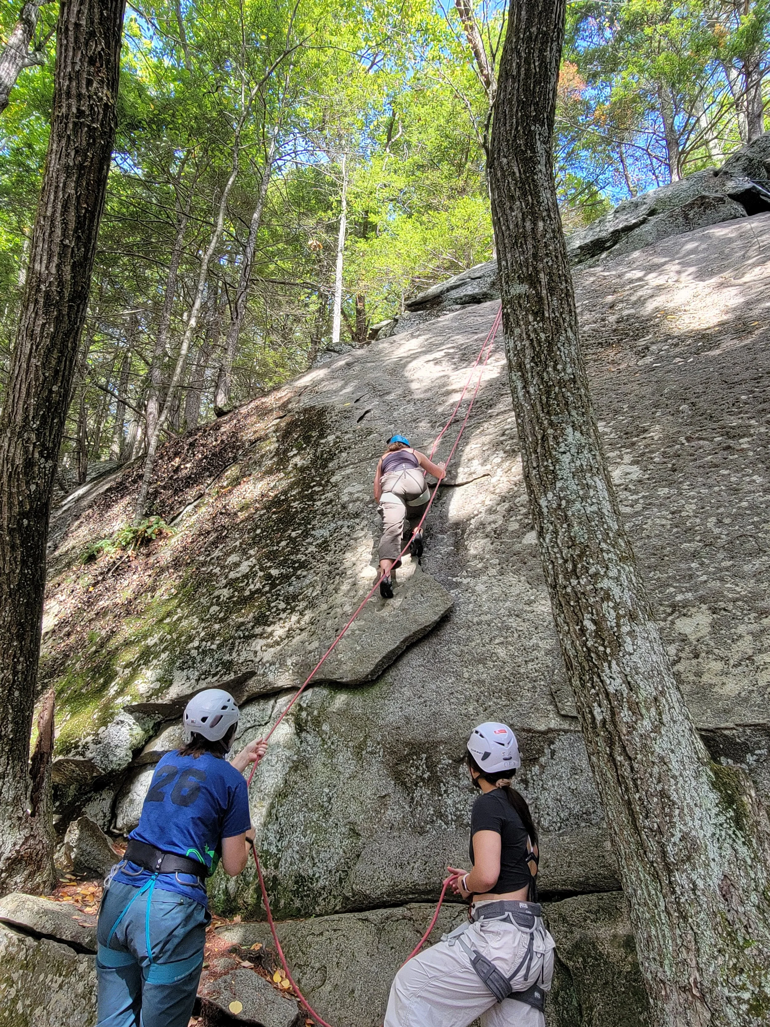 Three people outdoor rock climbing in a forest, two belaying and one climbing on a large rock face surrounded by trees and green foliage.