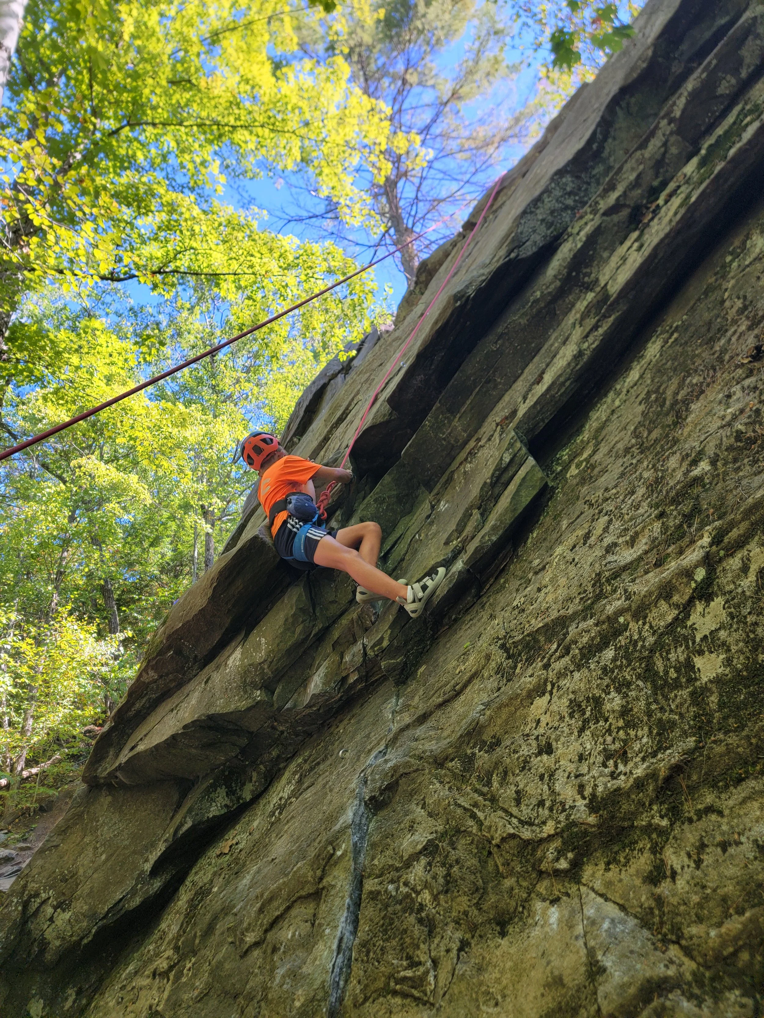 Rock climbing at Summer Camp at Rumney, New Hampshire. 