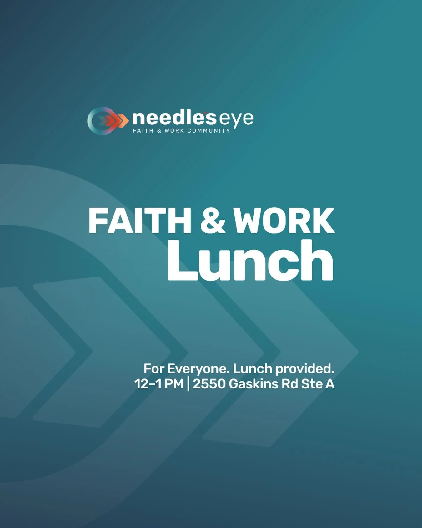 Looking for a space to pause and reflect?

Join us for our Faith &amp; Work Lunch tomorrow, Jan 9, from 12-1 pm. Lunch is on us. We&rsquo;d love to have you. 🤍

Learn more
Needleseye.org/events