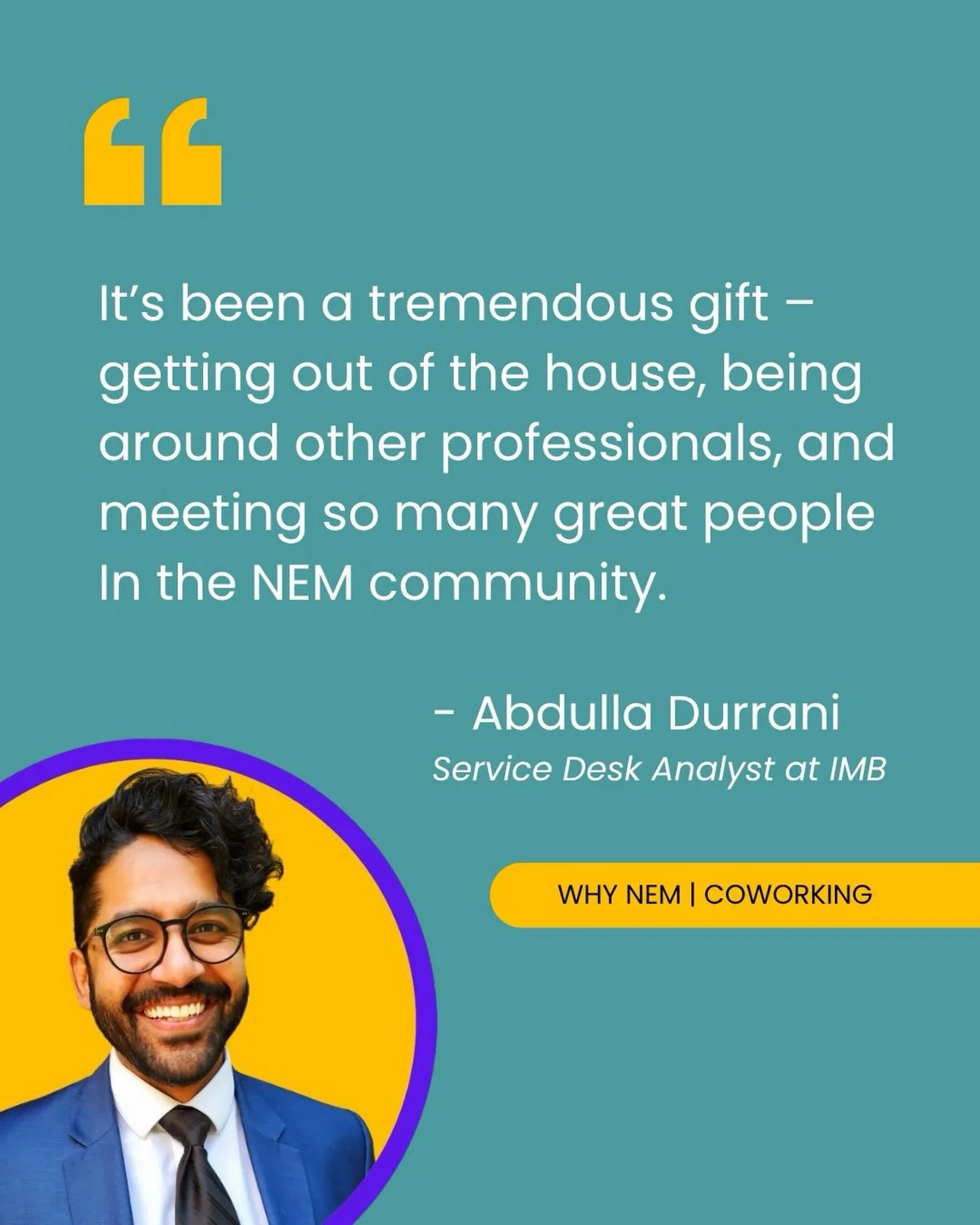 What does it look like to find community in the middle of a career transition? For Abdullah, it looked like Wednesday Workdays at NEM. We&rsquo;d love to have you too.

Join us any Wednesday at 2550 Gaskins Rd &mdash; free and open to all. Link in bi