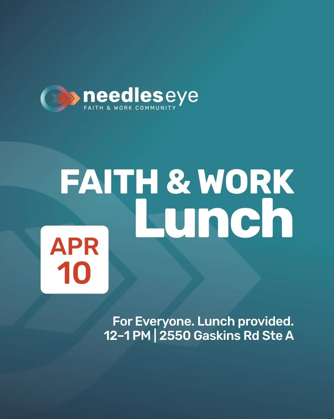 Join us this Friday for our next Faith &amp; Work Lunch! Bring a coworker, bring a friend, or come solo. We'd love to see you.

📅 Friday, April 10 | 12&ndash;1 PM | 2550 Gaskins Rd
Gluten-free &amp; vegetarian options available.

Link in bio to regi