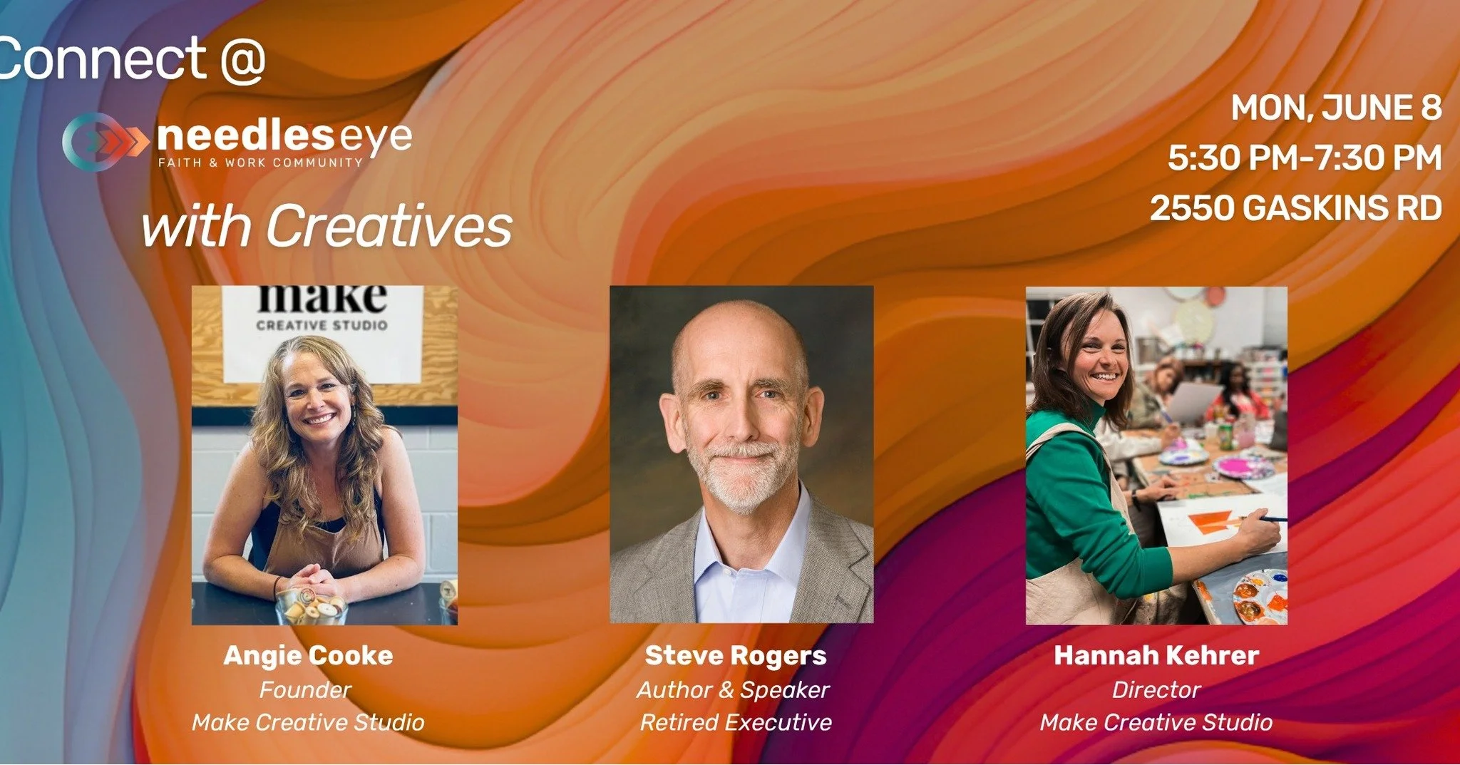 In just over two weeks, we'll be gathering with our creative community for connection and conversation and you're invited!

Join our panelists Steven Rogers, Angie Cooke and Hannah Kehrer as we ask: Does my creative work actually matter to God &mdash