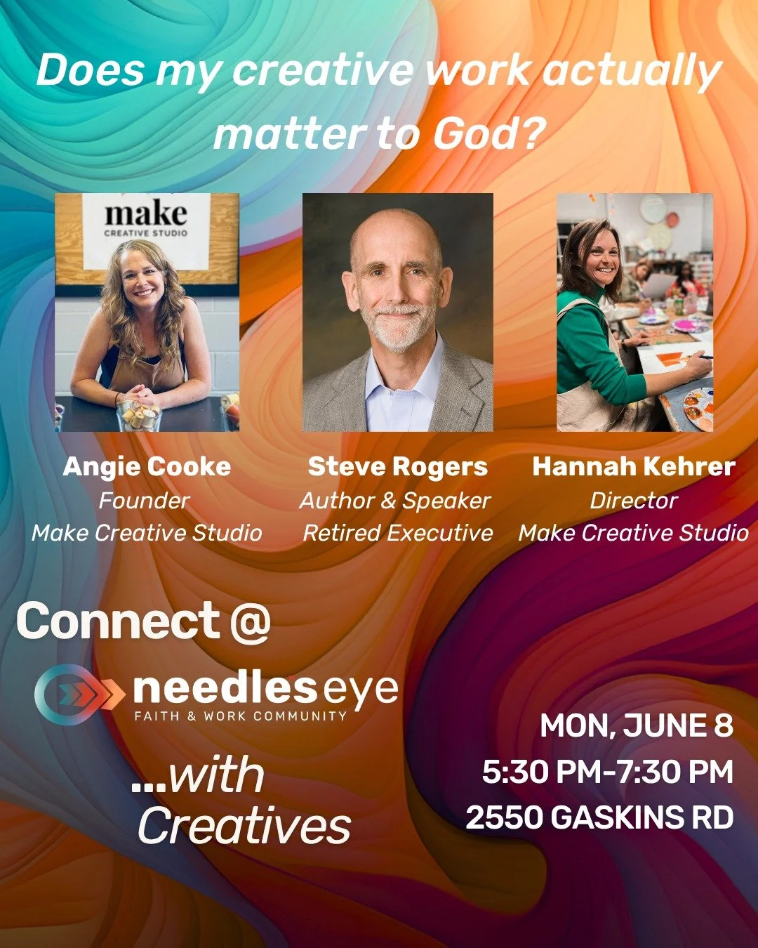In just over two weeks, we'll be gathering with our creative community for connection and conversation and you're invited!

Join our panelists Steven Rogers, Angie Cooke and Hannah Kehrer as we ask: Does my creative work actually matter to God &mdash