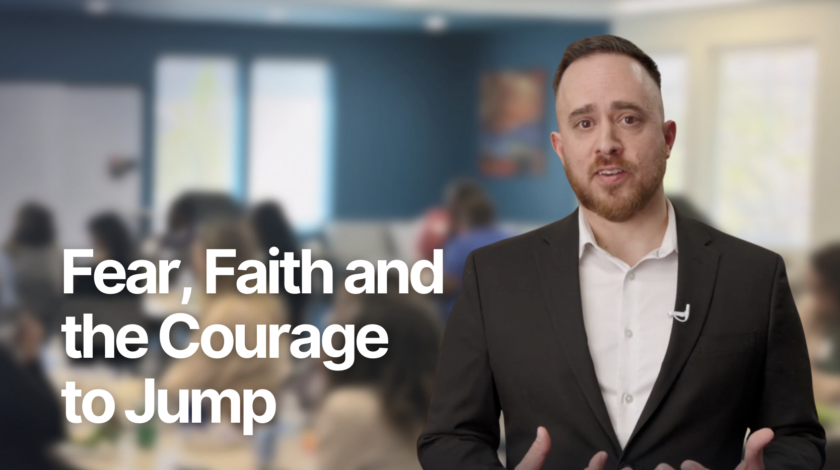 Image of Jordan Maroon speaking at the Faith and Work Lunch. Title: Fear, Faith and the Courage to Jump