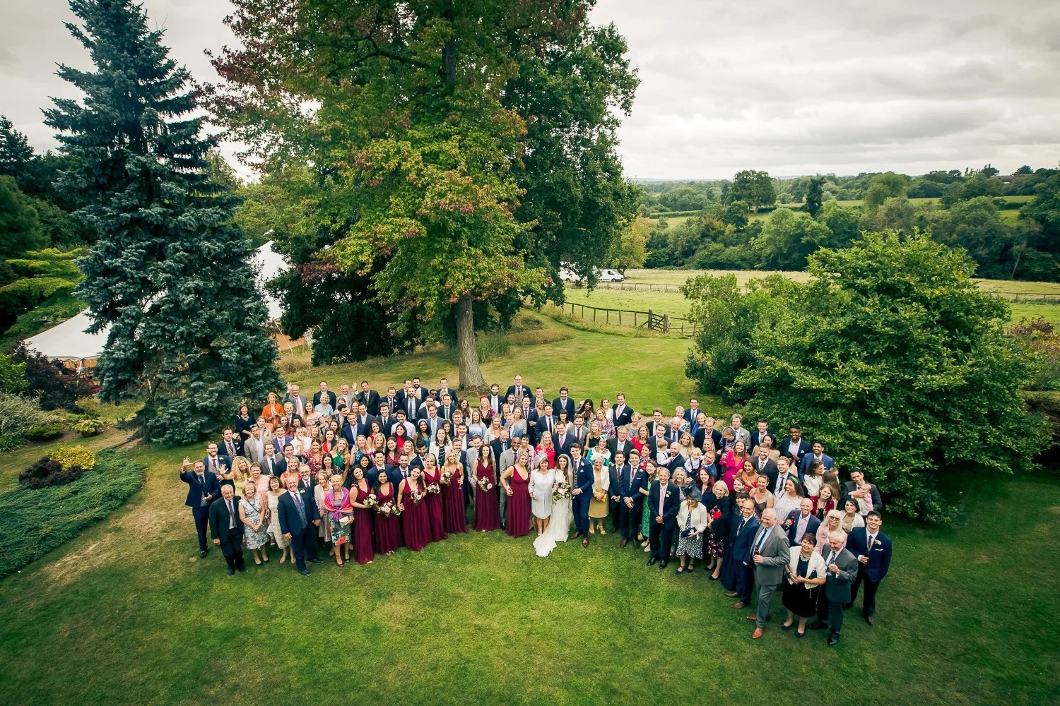 A large group of wedding guests standing on a lush green lawn outdoors, with trees and a scenic countryside background under cloudy sky.
