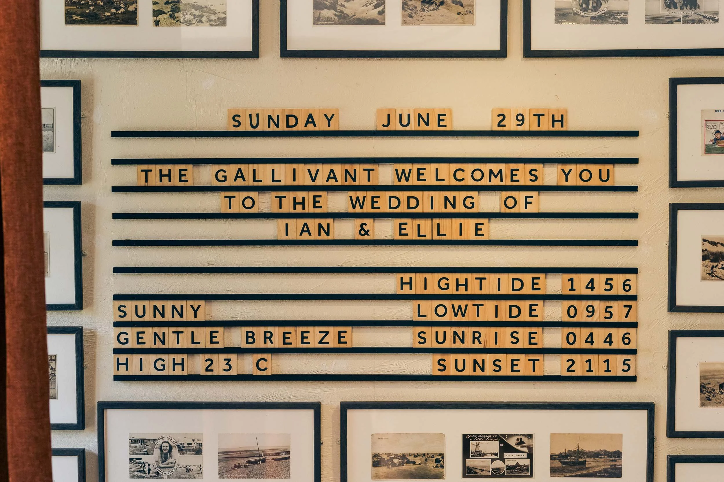 A bulletin board with a schedule and weather information, including the date June 29th, welcoming guests to a wedding of Ian and Ellie, with weather details such as sunny, gentle breeze, high of 23°C, low of 9°C, sunrise at 4:46 AM, and sunset at 9:1