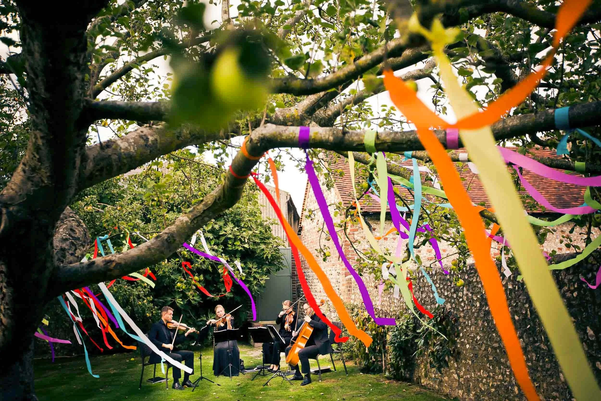 A group of five musicians playing string instruments outdoors decorated with colorful ribbons hanging from a tree