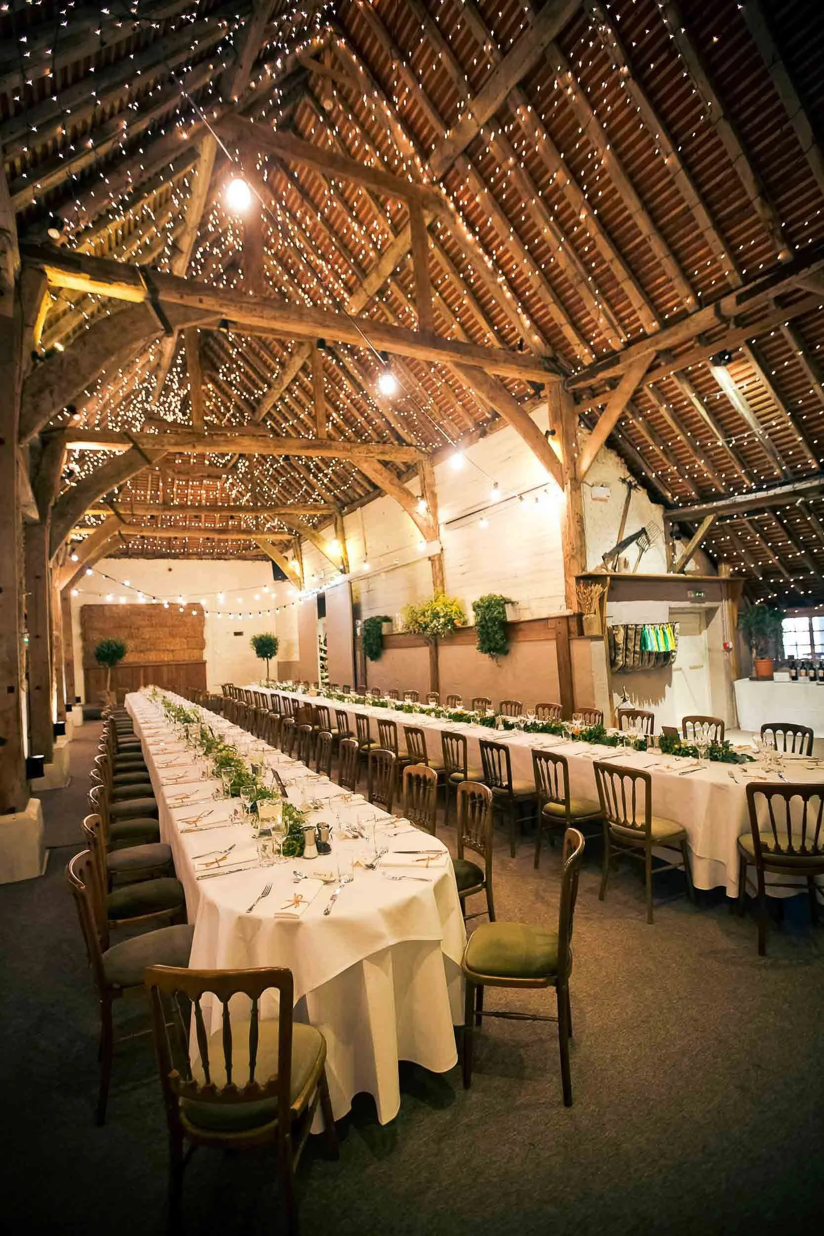 Long banquet table set for a formal event in a rustic barn with string lights on the ceiling and potted plants on the wall.