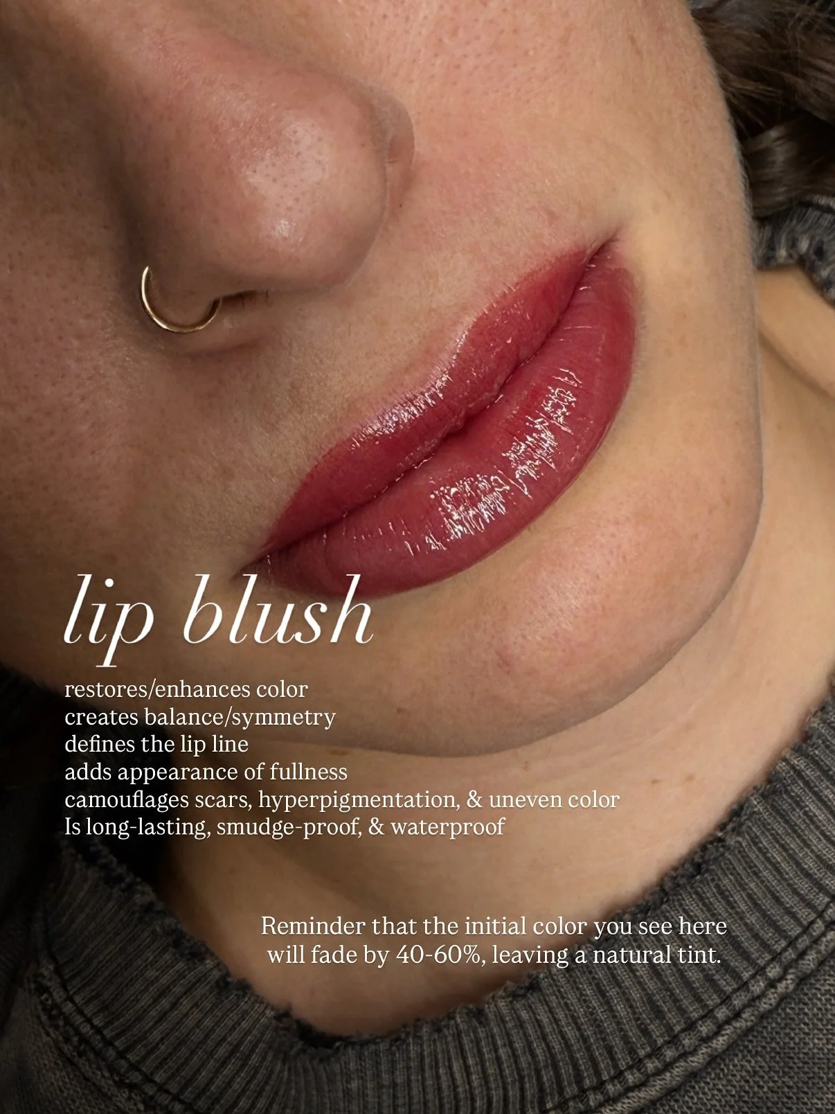 The perfect pout 🫦 Lip blush not only restores and enhances color to your lips, but it also defines the lip line (hello contoured cupids bow) and creates balance/symmetry. The appearance of a plumper pout is an added bonus 💋 Reminder that the initi