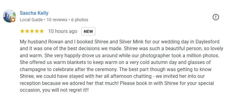 5-star review for wedding car and female chauffeur - chauffeuse - Ballarat VIC