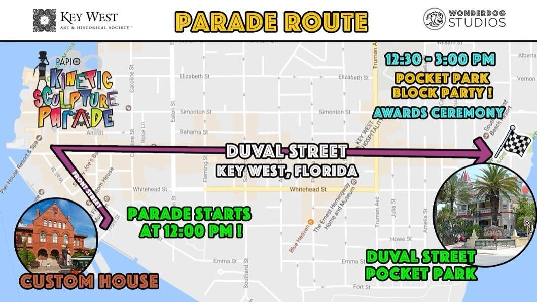 2023 Parade Route 🗺
The parade will roll down Duval street to the Southernmost pocket park (in front of the Southernmost mansion). Join us for an after party with a dj, food trucks and an award ceremony open to the public. 🥳
