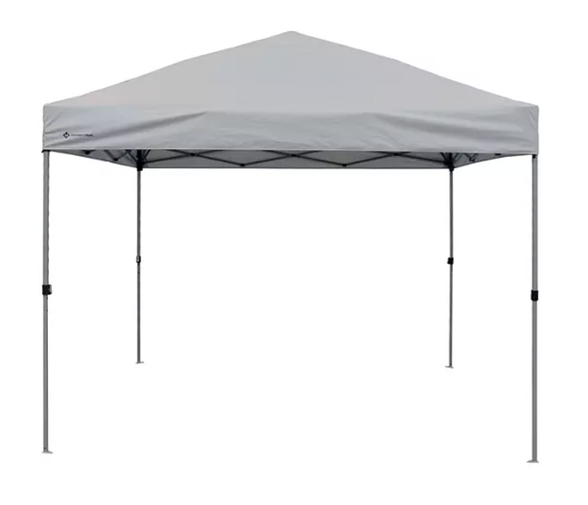 A gray pop-up canopy tent with four metal legs.