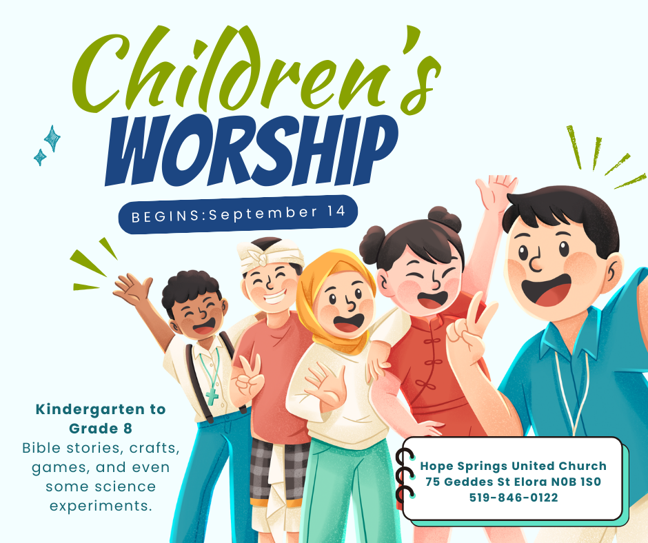 Colorful advertisement for children's worship program starting September 14 at Hope Springs United Church, featuring happy children of diverse backgrounds.