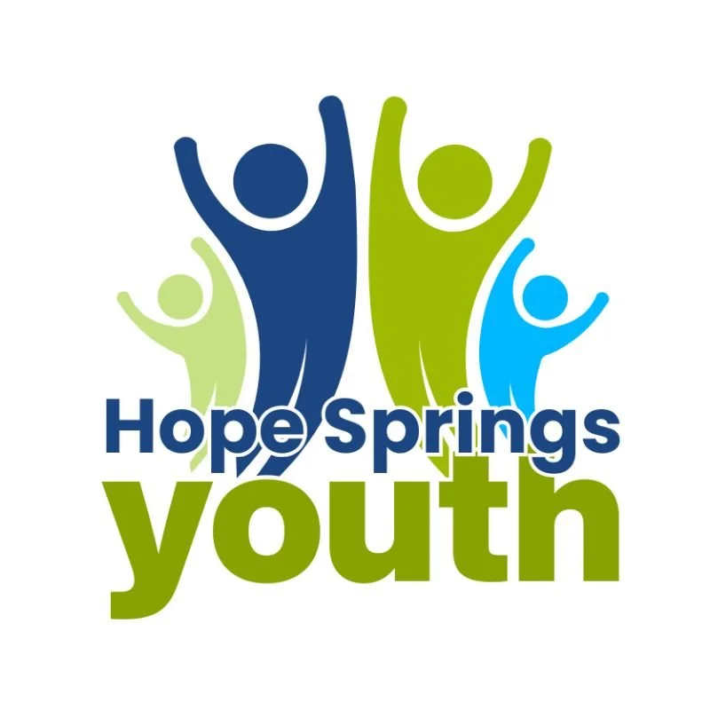 A graphic in greens and blues show stylized figures leaping. Text: Hope Springs Youth