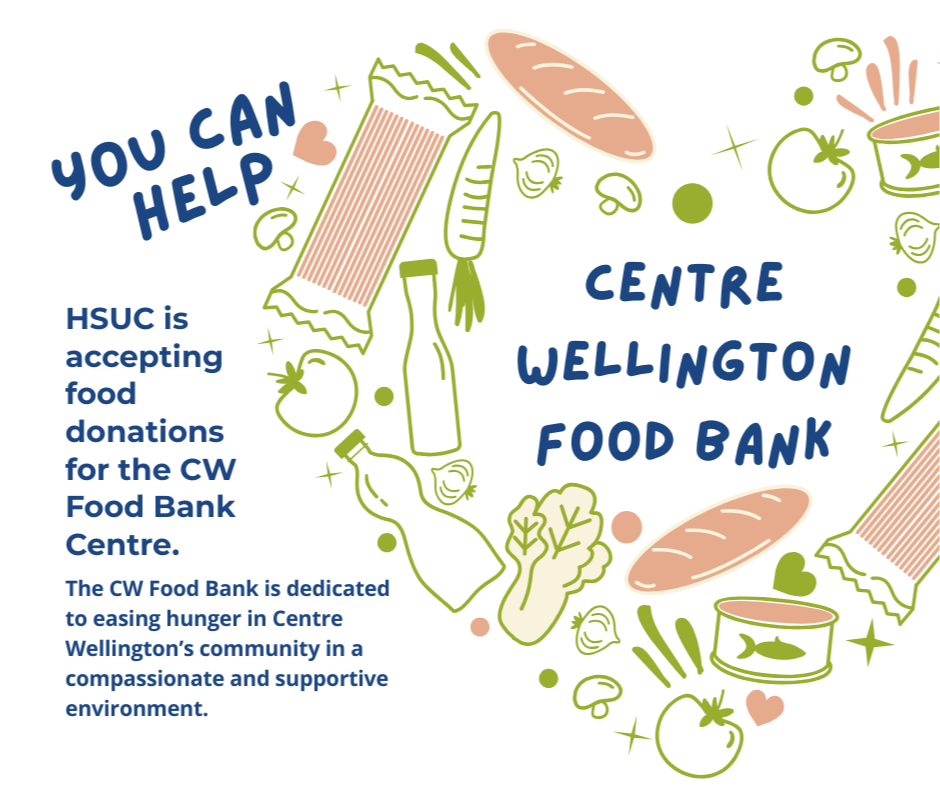 Illustration promoting the Centre Wellington Food Bank, featuring food items like canned fish, carrots, tomatoes, bread, and heart symbols with text encouraging food donations.