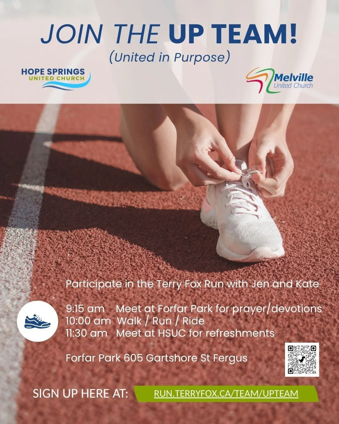 Pray, Run, or Donate: 
Your support of the UP Team (United in Purpose) at the Terry Fox Run is so appreciated. 
(Led by Rev. Jen Auger of Hope Springs UC, and Kate Keilty of Melville United UC)

#terryfoxrun #beatcancer #unitedchurchofcanada
