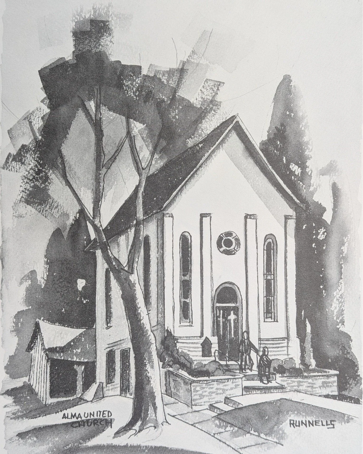The library at Hope Springs United Church has been gifted with a collection of sketches of local churches by Percy Runnells. Runnells, who died in 1989, was a local artist who painted Elora and the surrounding area. These three images immortalize the