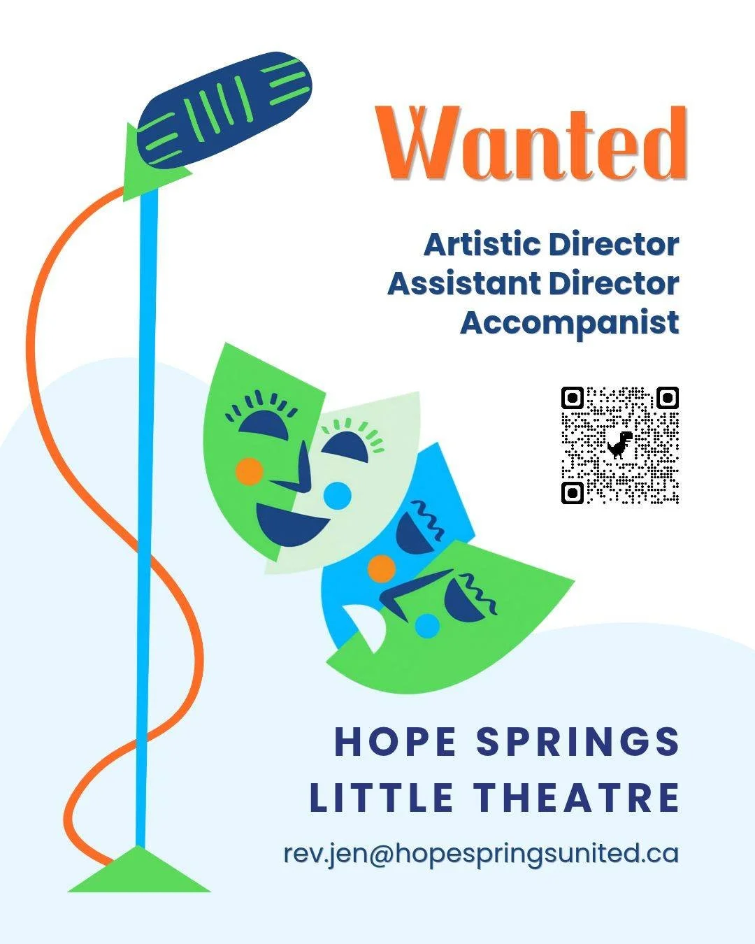 Adults and teens with a flair for the dramatic are invited to reach out to Rev. Jen Auger for more information about the following positions: Artistic Director, Assistant Director and Accompanist. 

Please email your interest to Jen, and keep an eye 