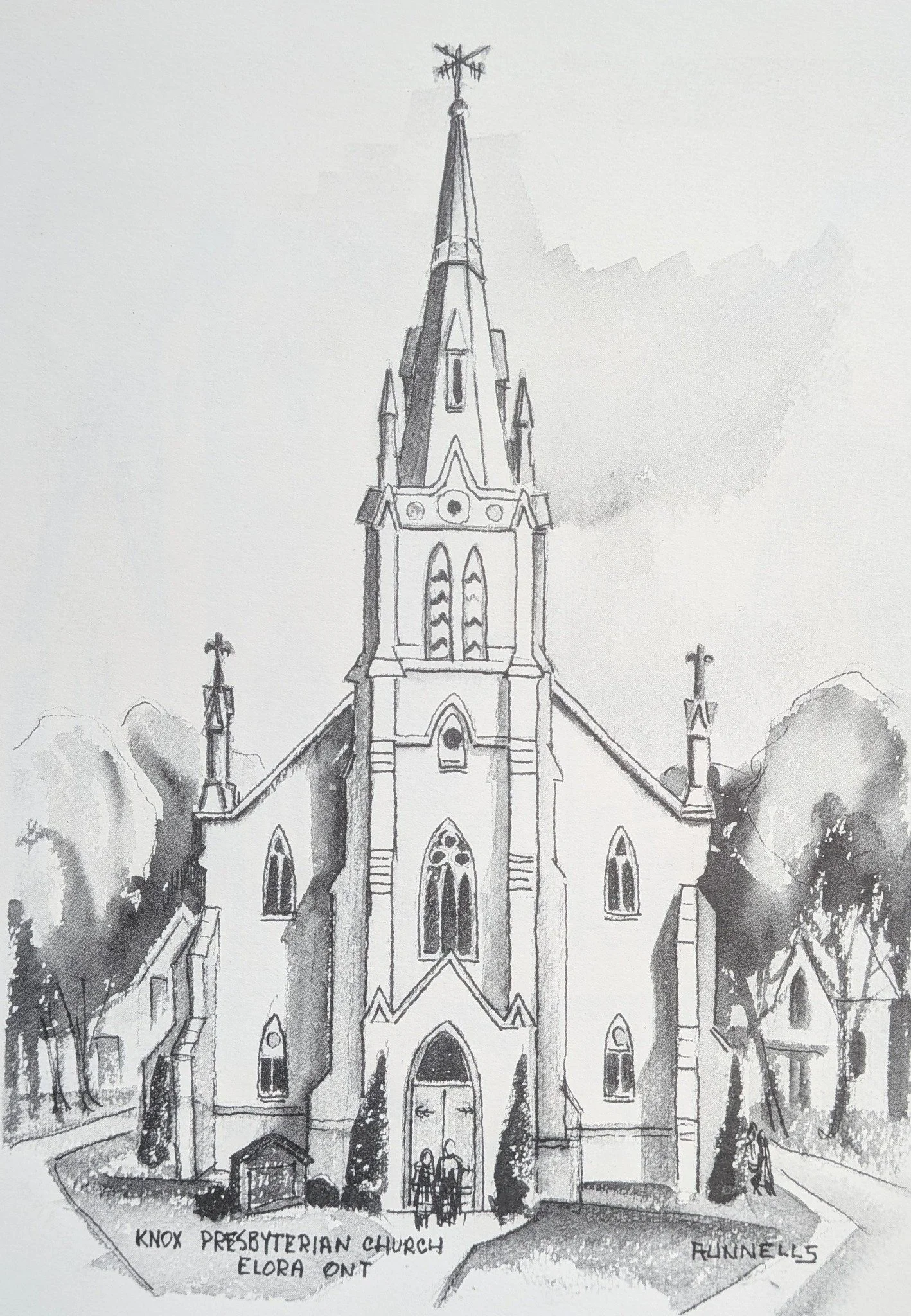 The library at Hope Springs United Church has been gifted with a collection of sketches of local churches by Percy Runnells. Runnells, who died in 1989, was a local artist who painted Elora and the surrounding area. Knox Presbyterian Elora one of 10 