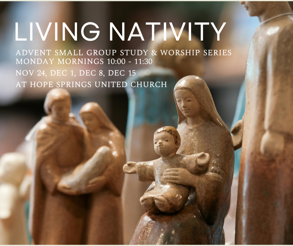 Close-up of a nativity scene figurine with a woman holding a baby, surrounded by other life-sized figures, with promotional text for a church study and worship series overlayed.